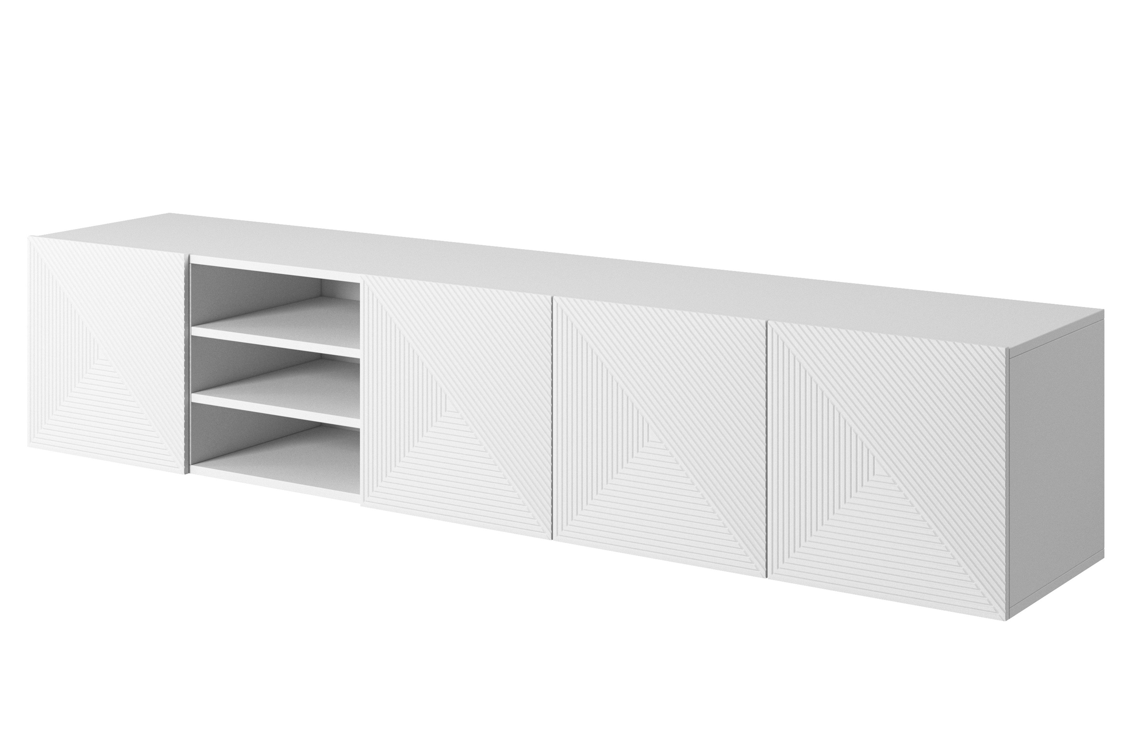 Závesný TV stolík Asha 200 cm s 3 otvorenými policami - biely mat TV skrinka závesná Asha s frézovaným frontom i wneka 200 cm - biely mat