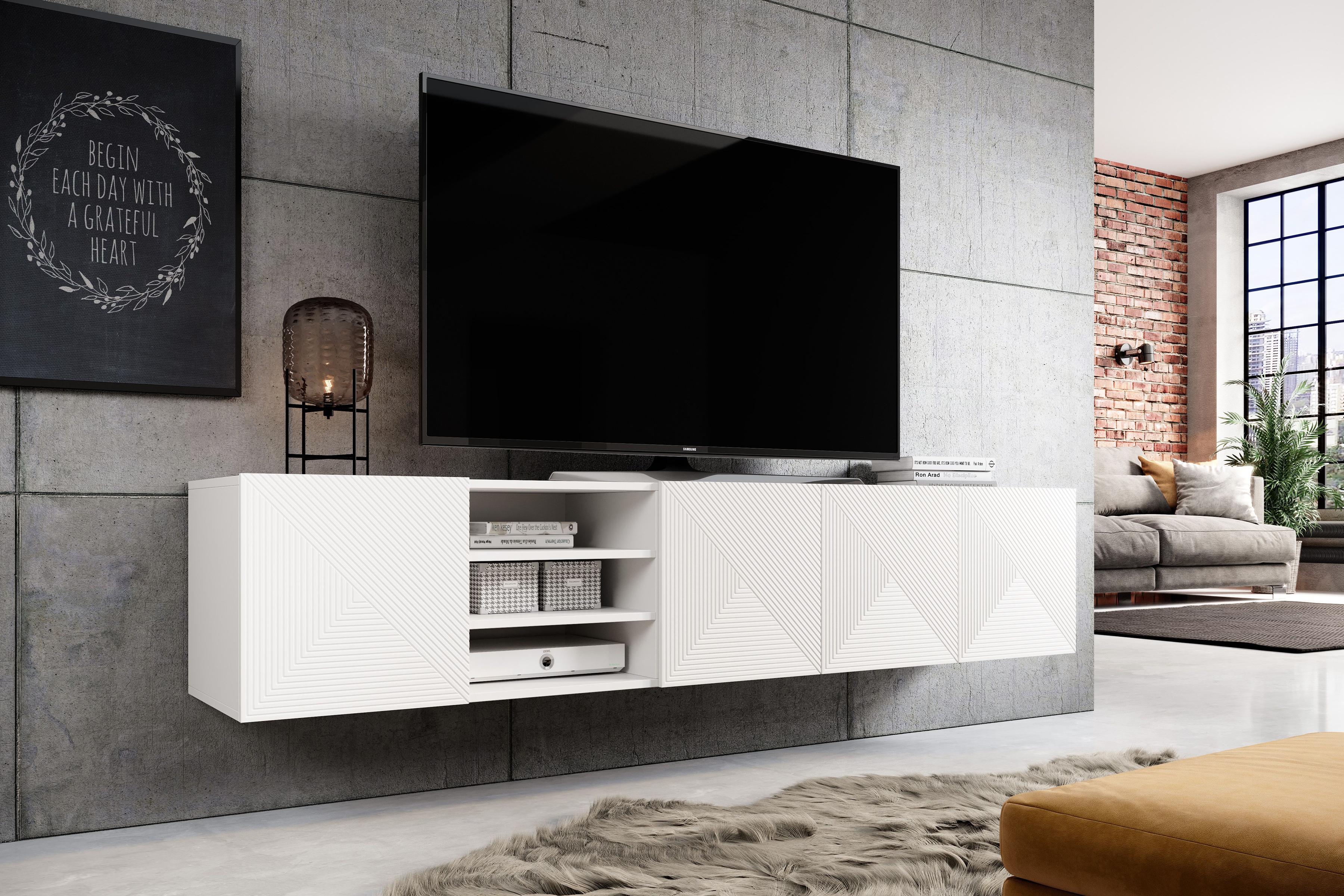 Závesný TV stolík Asha 200 cm s 3 otvorenými policami - biely mat TV skrinka závesná Asha s frézovaným frontom i wneka 200 cm - biely mat