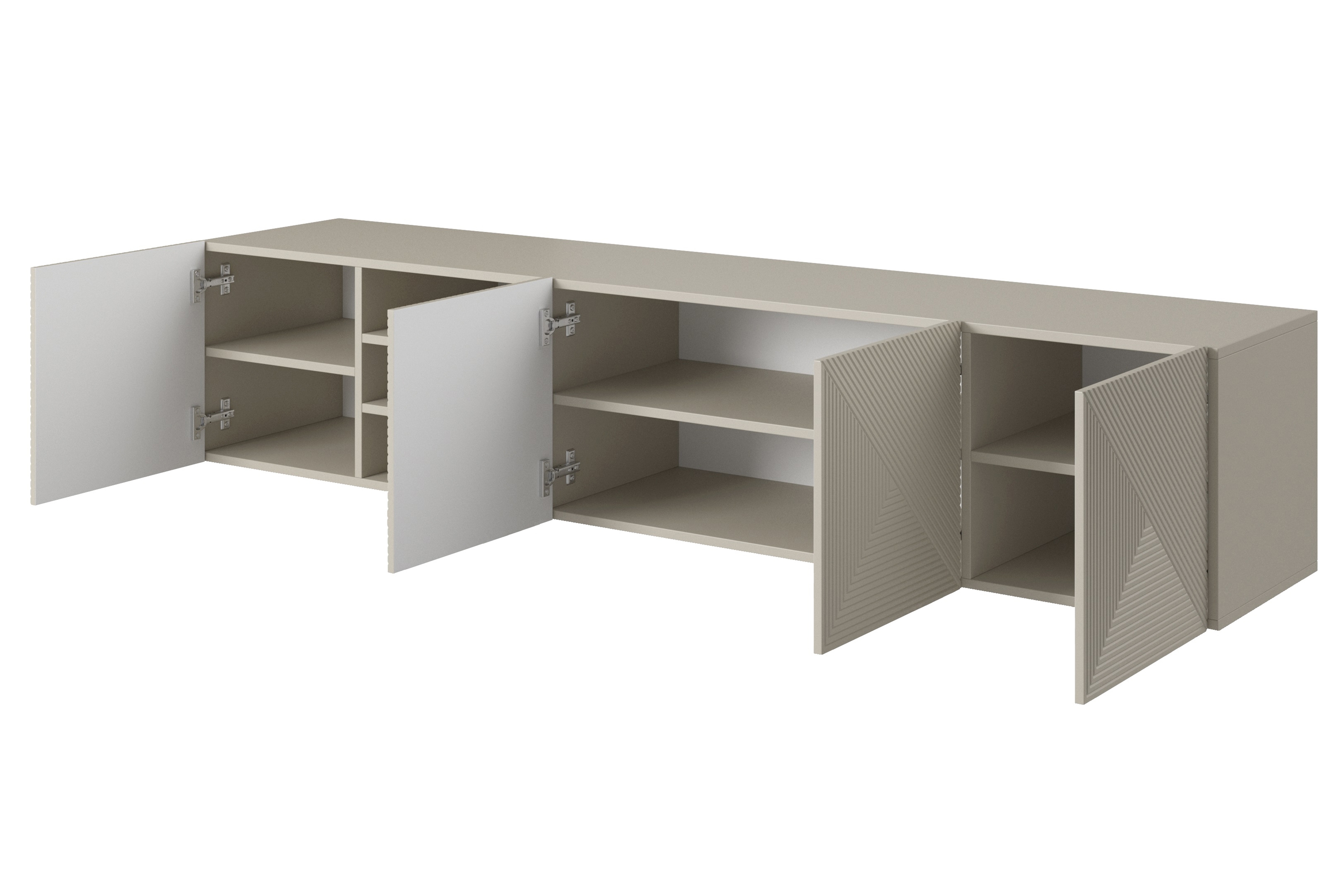 Závěsná TV skříňka Asha 200 cm s rýhovanými dvířky a výklenkem - kašmír Skříňka RTV závěsná Asha s frézovanou přední částí i wneka 200 cm - kašmír