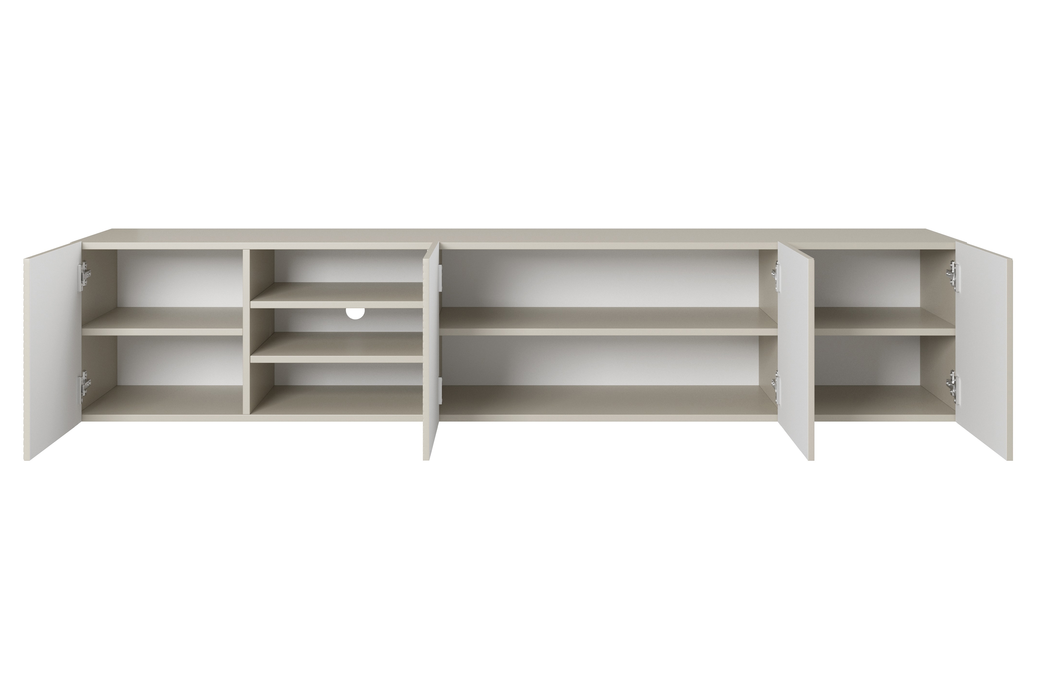 Závěsná TV skříňka Asha 200 cm s rýhovanými dvířky a výklenkem - kašmír Skříňka RTV závěsná Asha s frézovanou přední částí i wneka 200 cm - kašmír