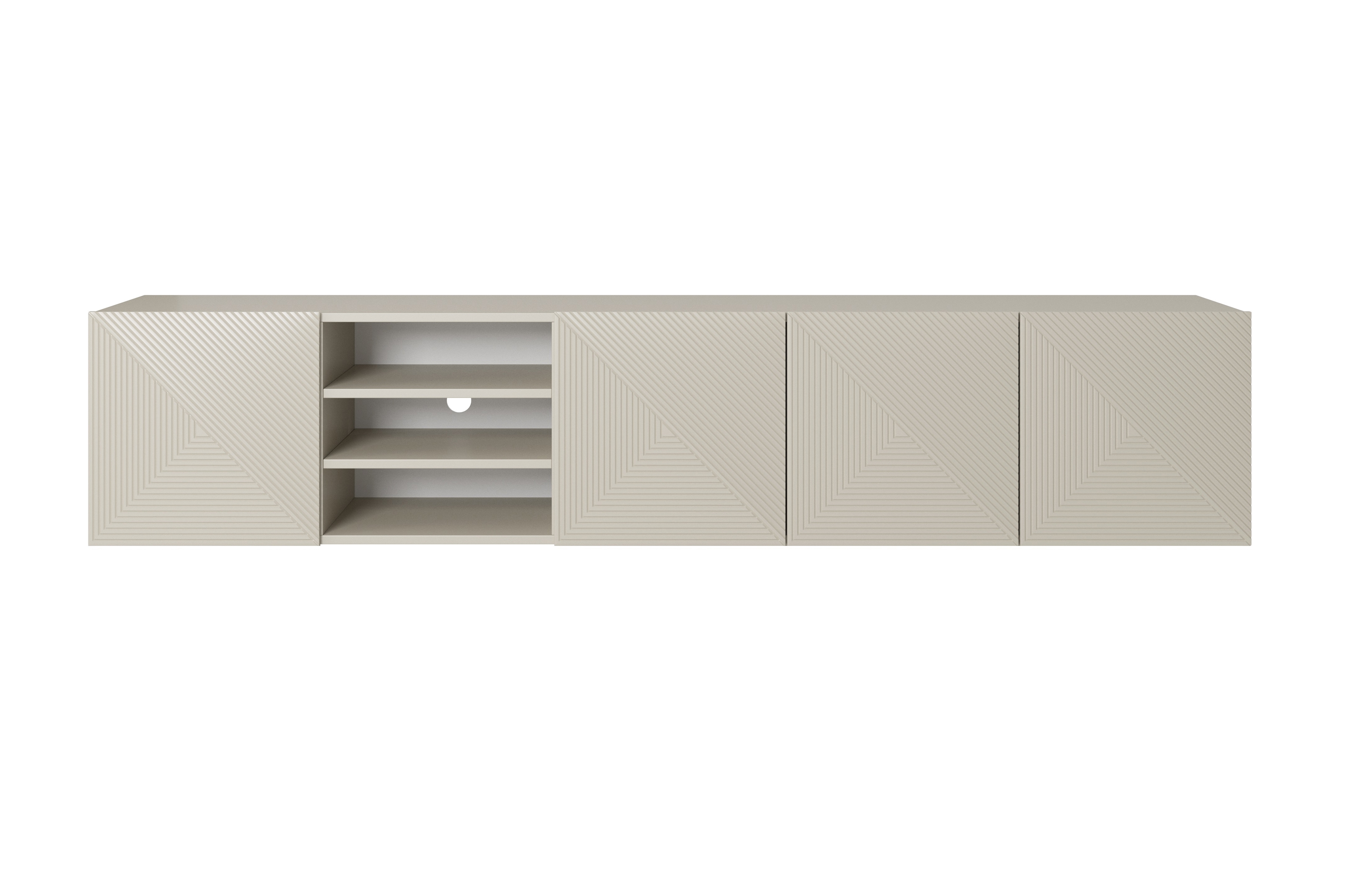 Závěsná TV skříňka Asha 200 cm s rýhovanými dvířky a výklenkem - kašmír Skříňka RTV závěsná Asha s frézovanou přední částí i wneka 200 cm - kašmír