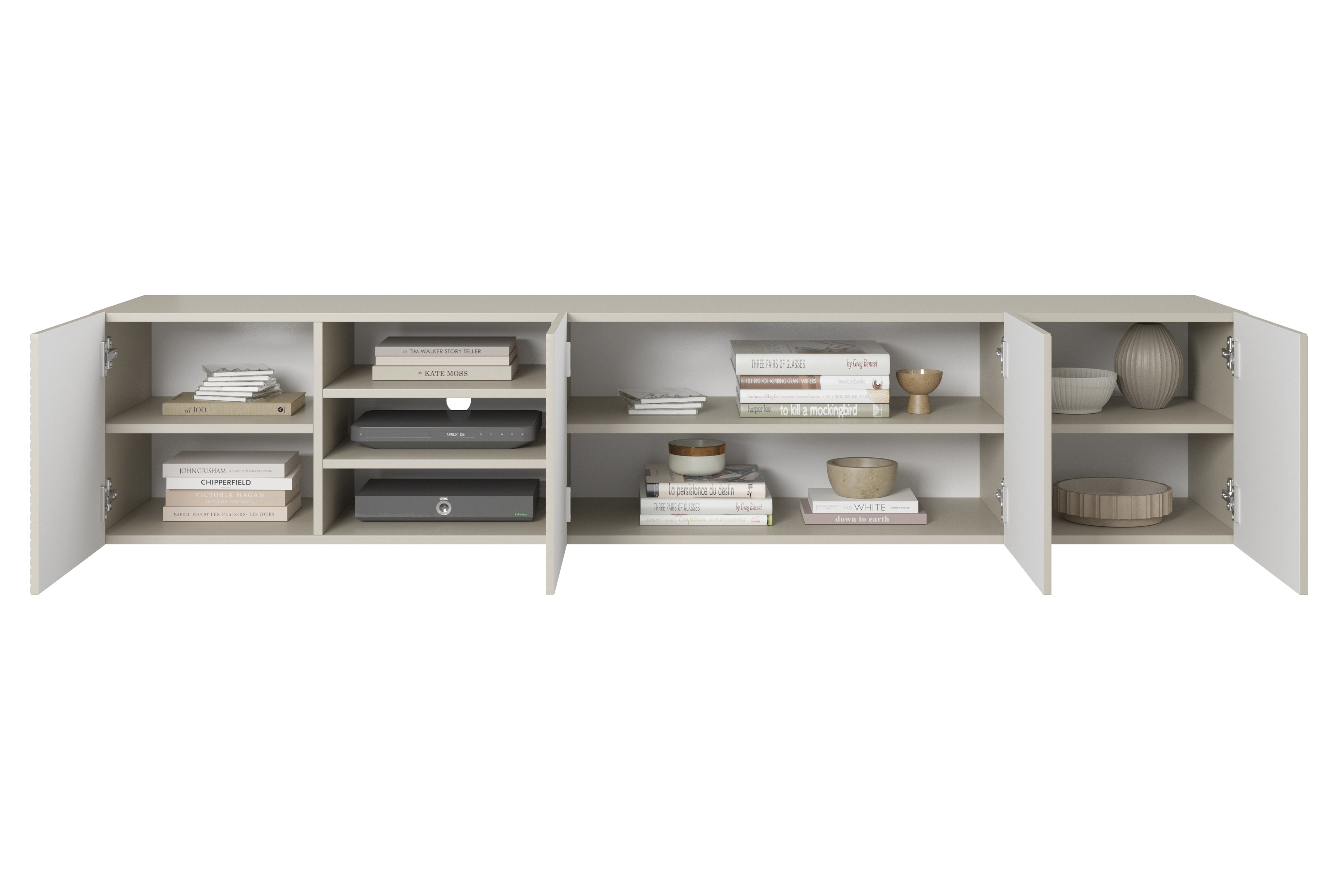 Závěsná TV skříňka Asha 200 cm s rýhovanými dvířky a výklenkem - kašmír Skříňka RTV závěsná Asha s frézovanou přední částí i wneka 200 cm - kašmír