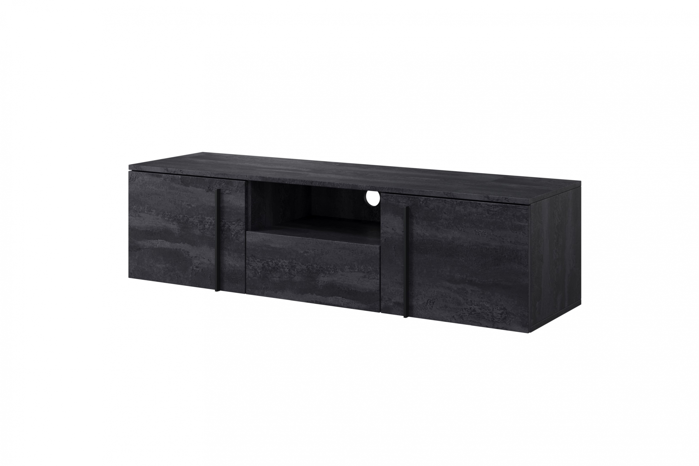 Závesný TV stolík Larena 150 cm s otvorenou policou - čierny betón / čierne úchytky TV skrinka závesná Larena 150 cm z wneka i szuflada - Čierny beton / čierny úchyty