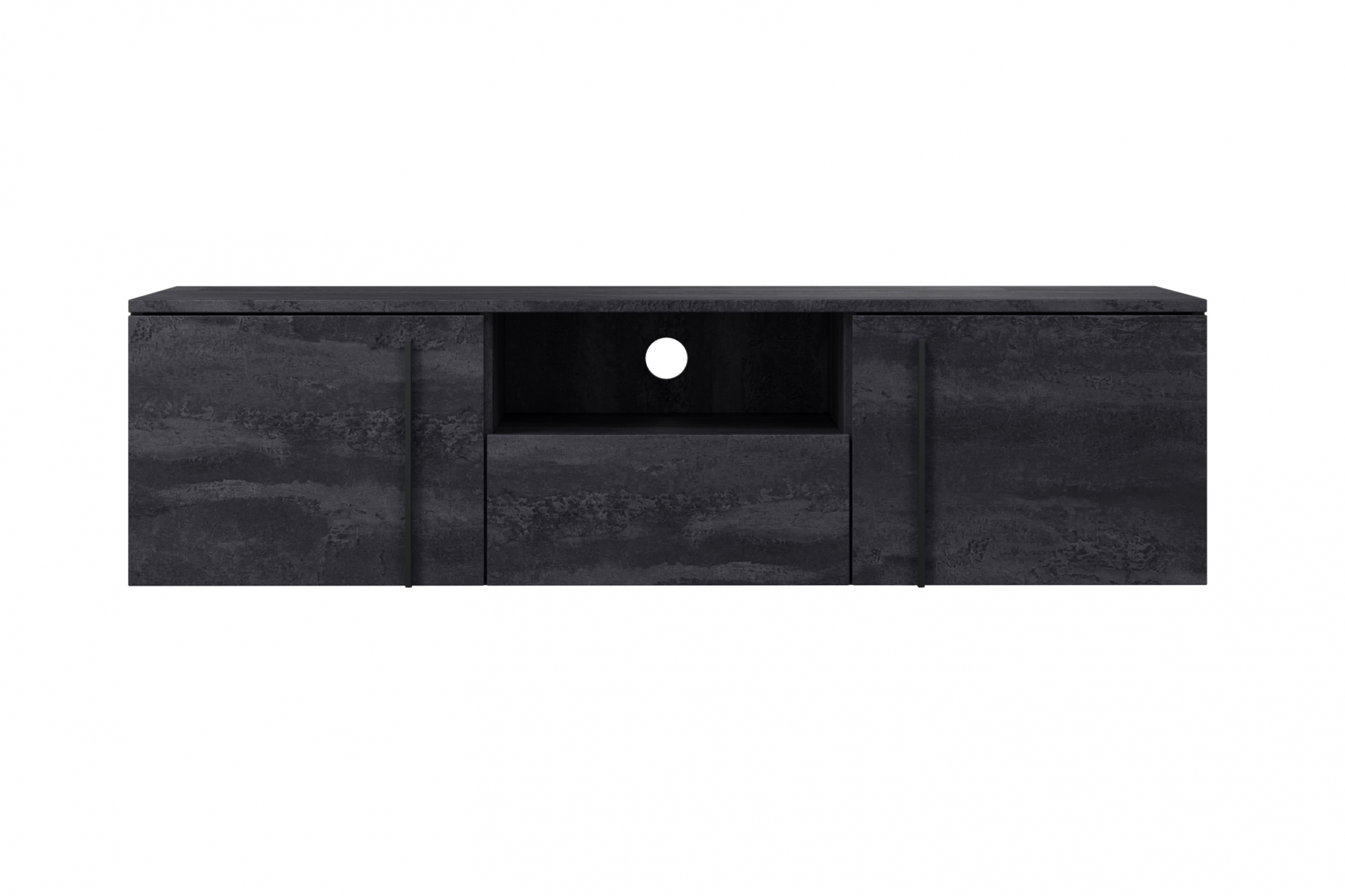 Závesný TV stolík Larena 150 cm s otvorenou policou - čierny betón / čierne úchytky TV skrinka závesná Larena 150 cm z wneka i szuflada - Čierny beton / čierny úchyty