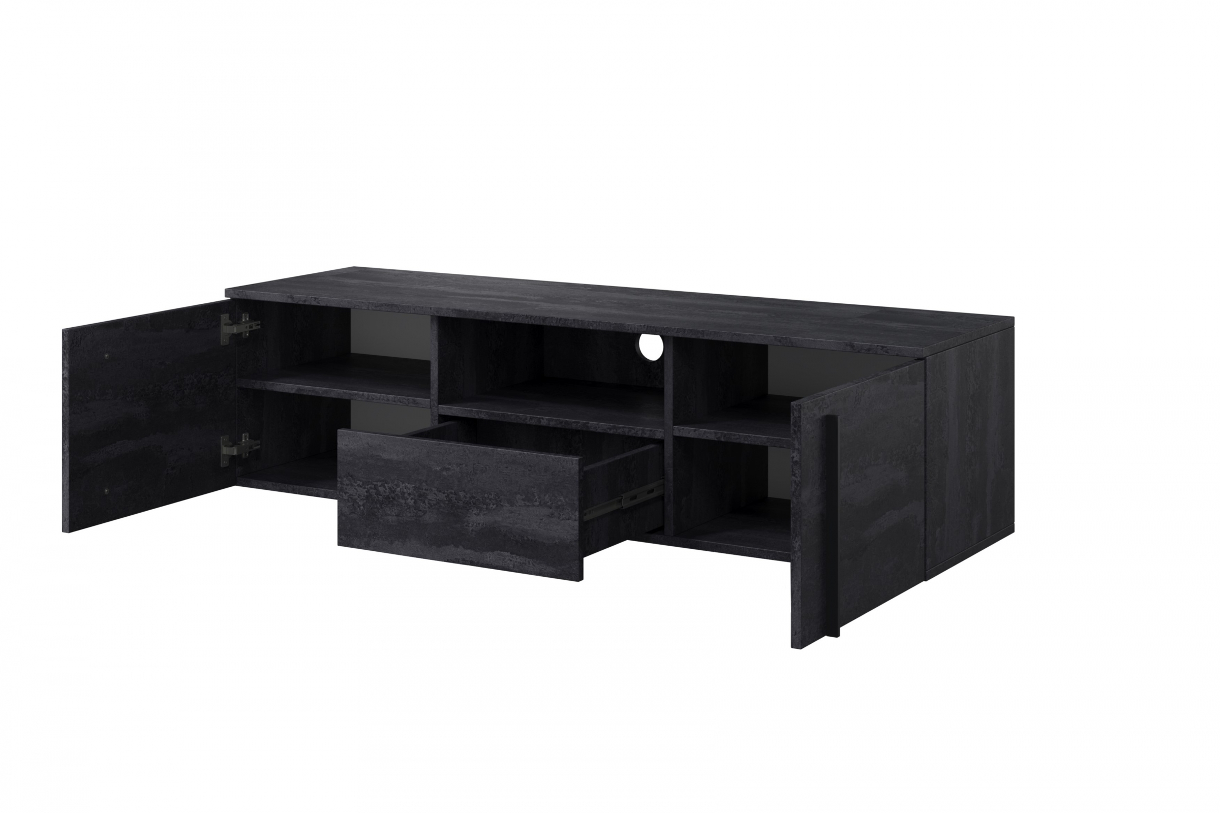 Závesný TV stolík Larena 150 cm s otvorenou policou - čierny betón / čierne úchytky TV skrinka závesná Larena 150 cm z wneka i szuflada - Čierny beton / čierny úchyty