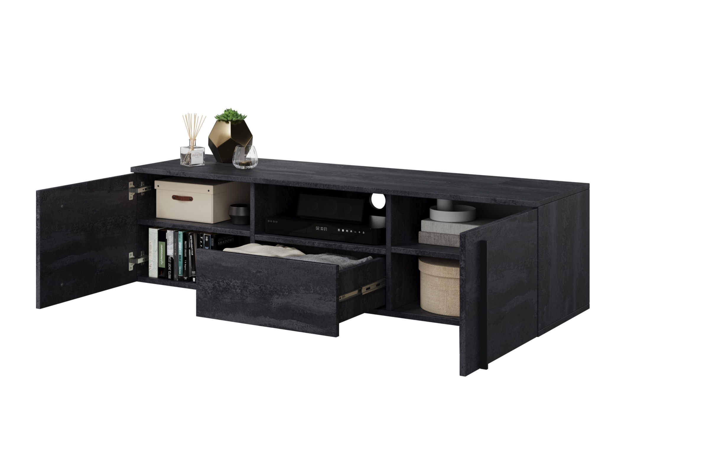 Závesný TV stolík Larena 150 cm s otvorenou policou - čierny betón / čierne úchytky TV skrinka závesná Larena 150 cm z wneka i szuflada - Čierny beton / čierny úchyty
