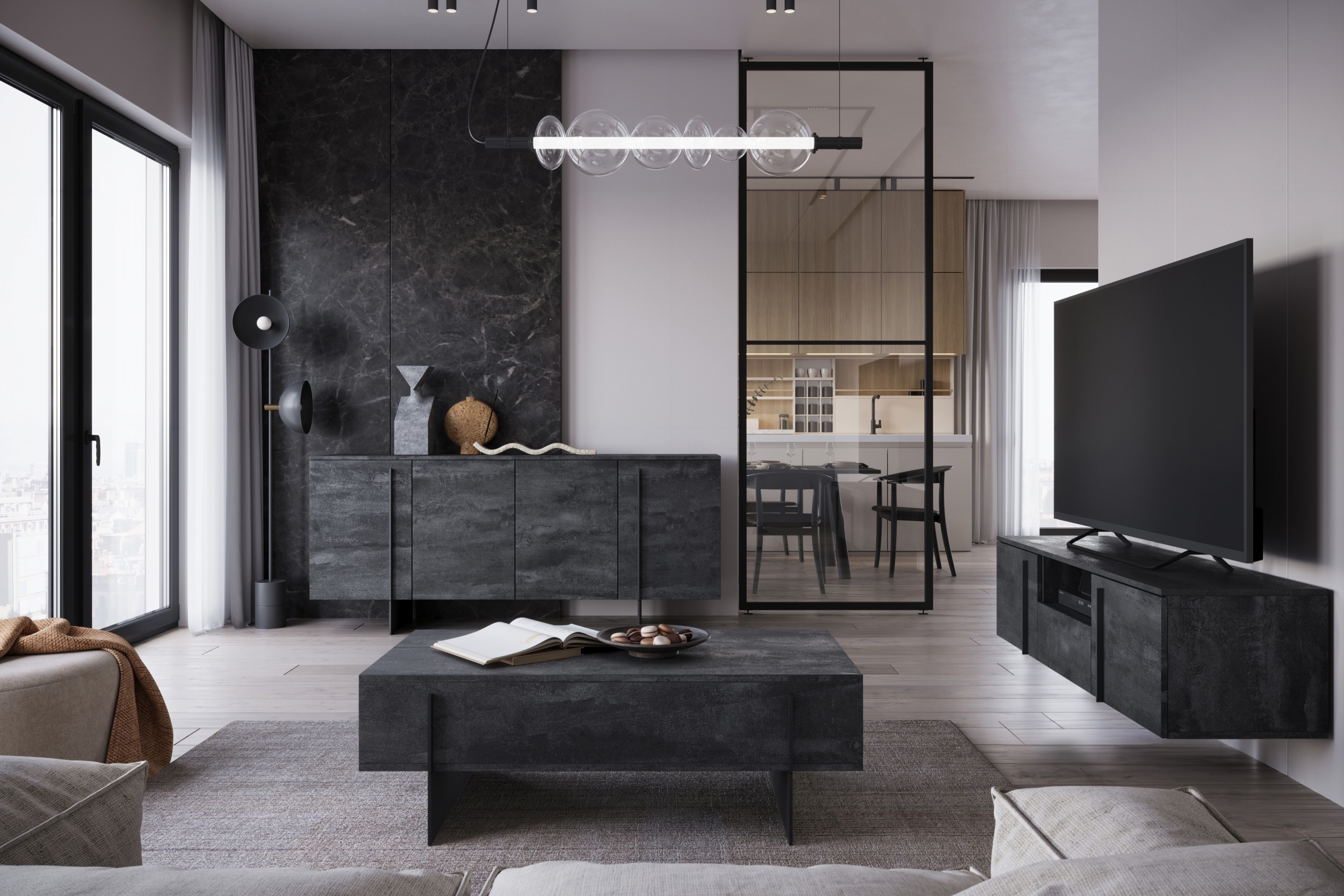 Závesný TV stolík Larena 150 cm s otvorenou policou - čierny betón / čierne úchytky TV skrinka závesná Larena 150 cm z wneka i szuflada - Čierny beton / čierny úchyty