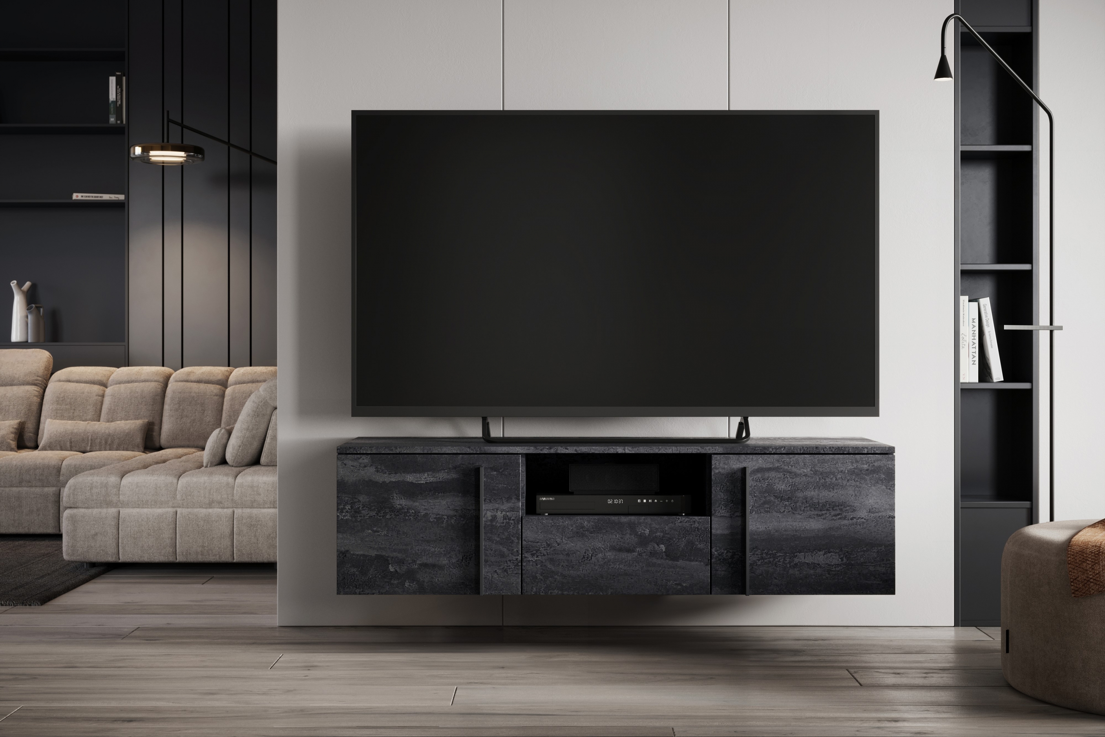 Závesný TV stolík Larena 150 cm s otvorenou policou - čierny betón / čierne úchytky TV skrinka závesná Larena 150 cm z wneka i szuflada - Čierny beton / čierny úchyty