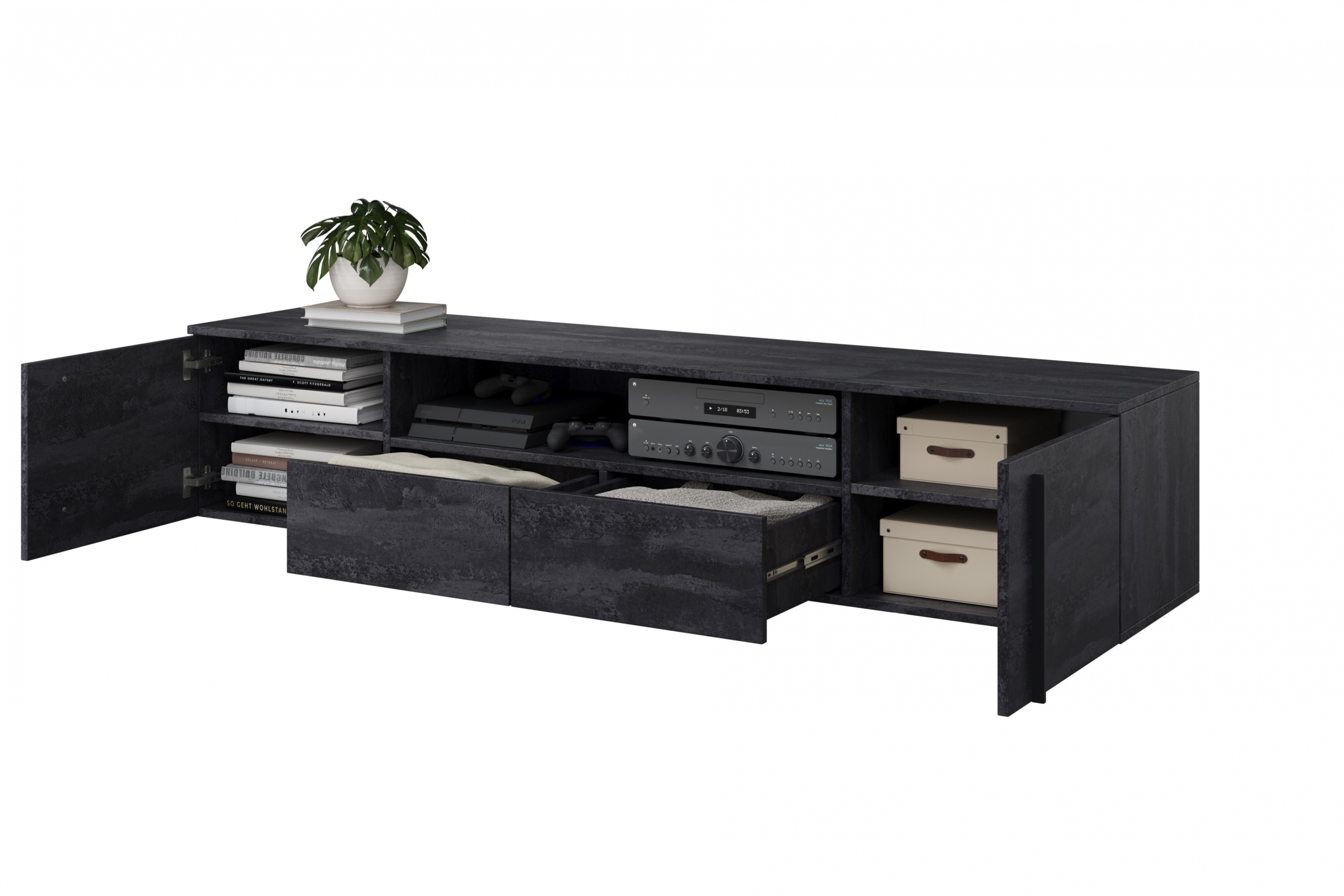 Závesný TV stolík Larena 200 cm s otvorenou policou - čierny betón / čierne úchytky TV skrinka závesná Larena 200 cm so zásuvkami i wneka - Čierny beton / čierny úchyty