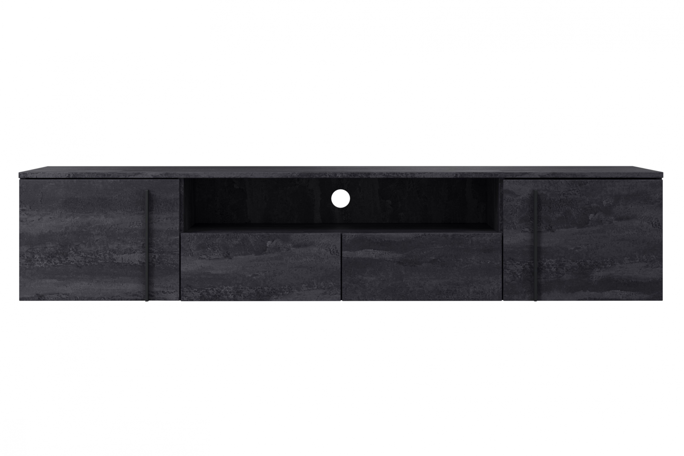 Závesný TV stolík Larena 200 cm s otvorenou policou - čierny betón / čierne úchytky TV skrinka závesná Larena 200 cm so zásuvkami i wneka - Čierny beton / čierny úchyty