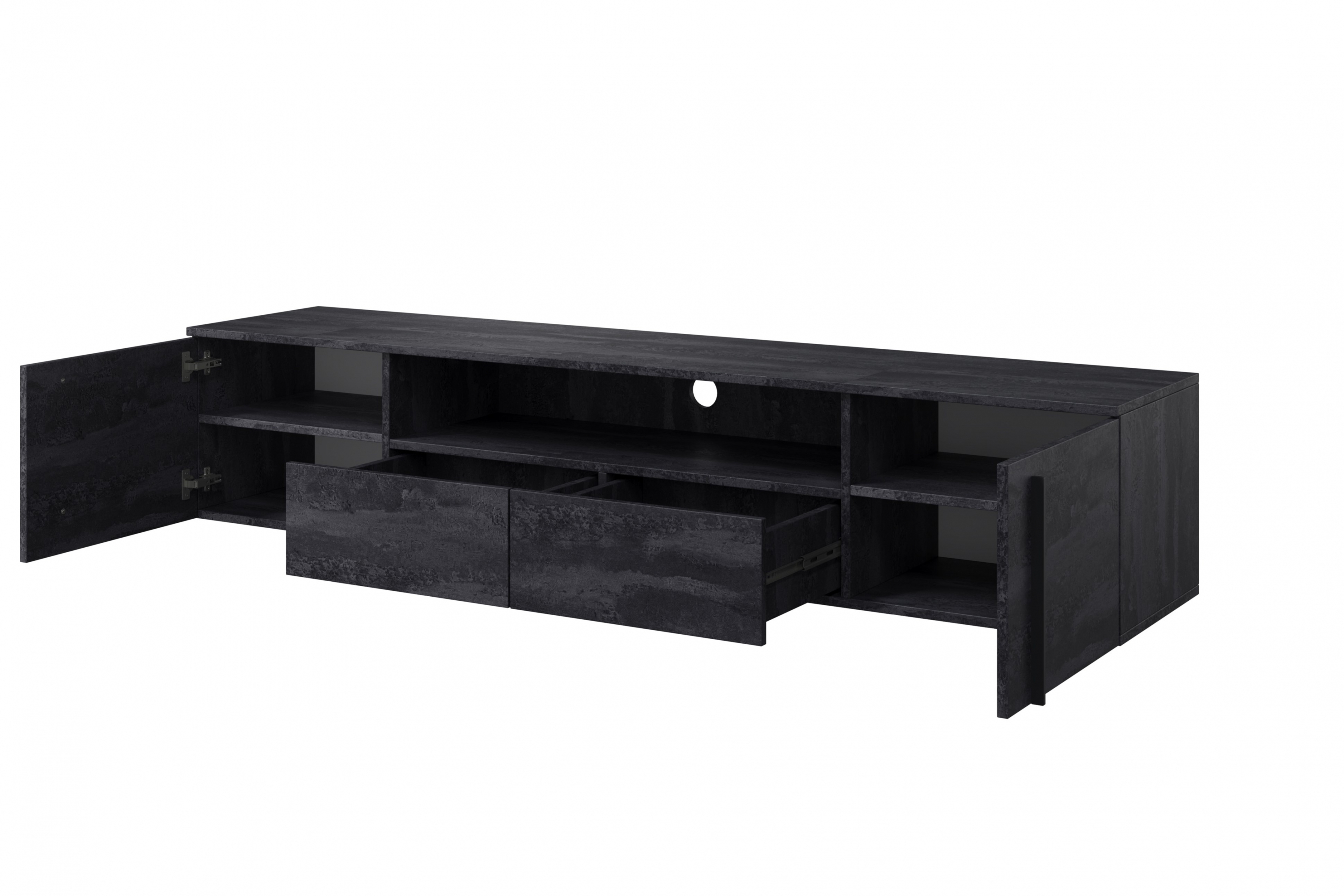 Závesný TV stolík Larena 200 cm s otvorenou policou - čierny betón / čierne úchytky TV skrinka závesná Larena 200 cm so zásuvkami i wneka - Čierny beton / čierny úchyty