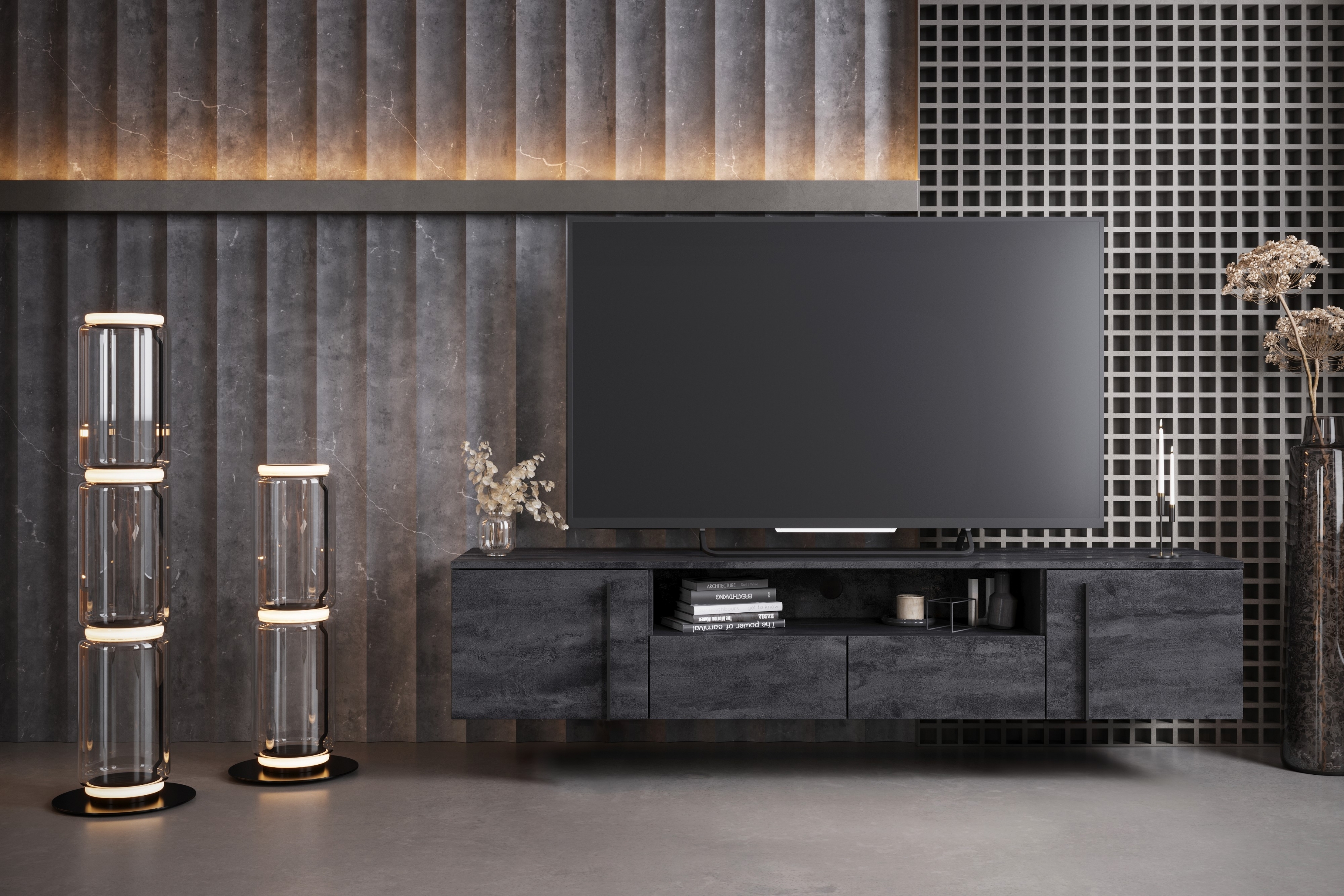 Závesný TV stolík Larena 200 cm s otvorenou policou - čierny betón / čierne úchytky TV skrinka závesná Larena 200 cm so zásuvkami i wneka - Čierny beton / čierny úchyty