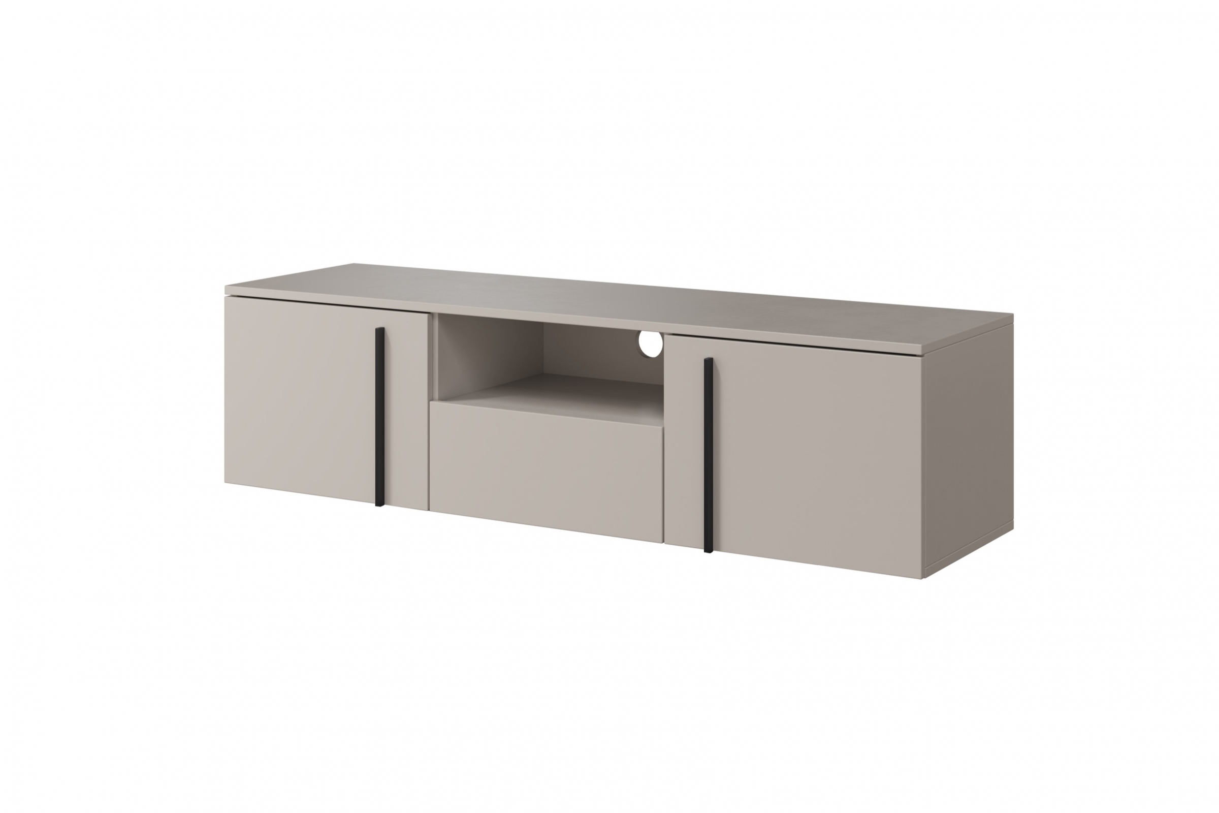 Závesný TV stolík Larena 150 cm s otvorenou policou - kašmírová / čierne úchytky TV skrinka závesná Larena z wneka i szuflada 150 cm - kašmír / čierny úchyty