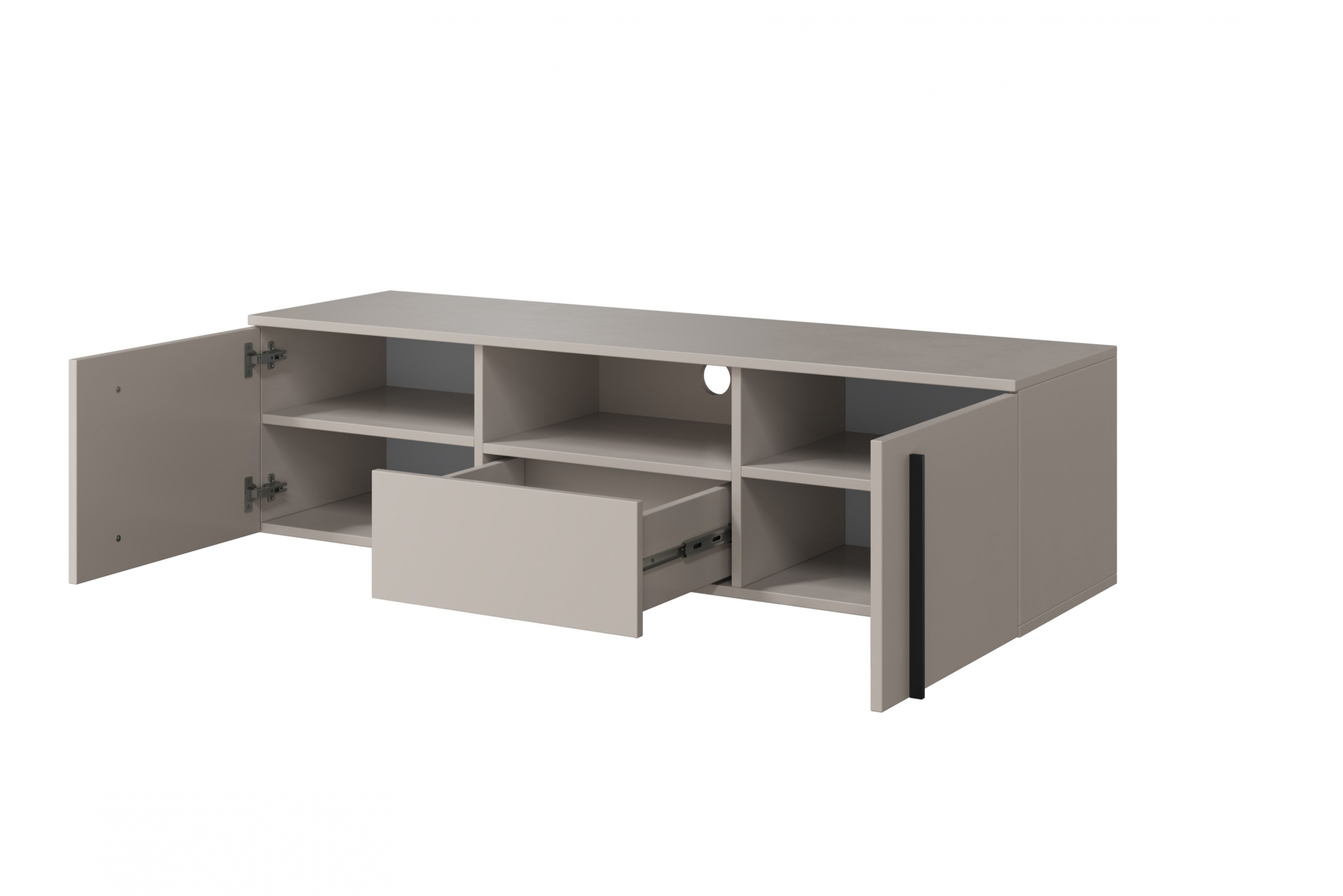 Závesný TV stolík Larena 150 cm s otvorenou policou - kašmírová / čierne úchytky TV skrinka závesná Larena z wneka i szuflada 150 cm - kašmír / čierny úchyty