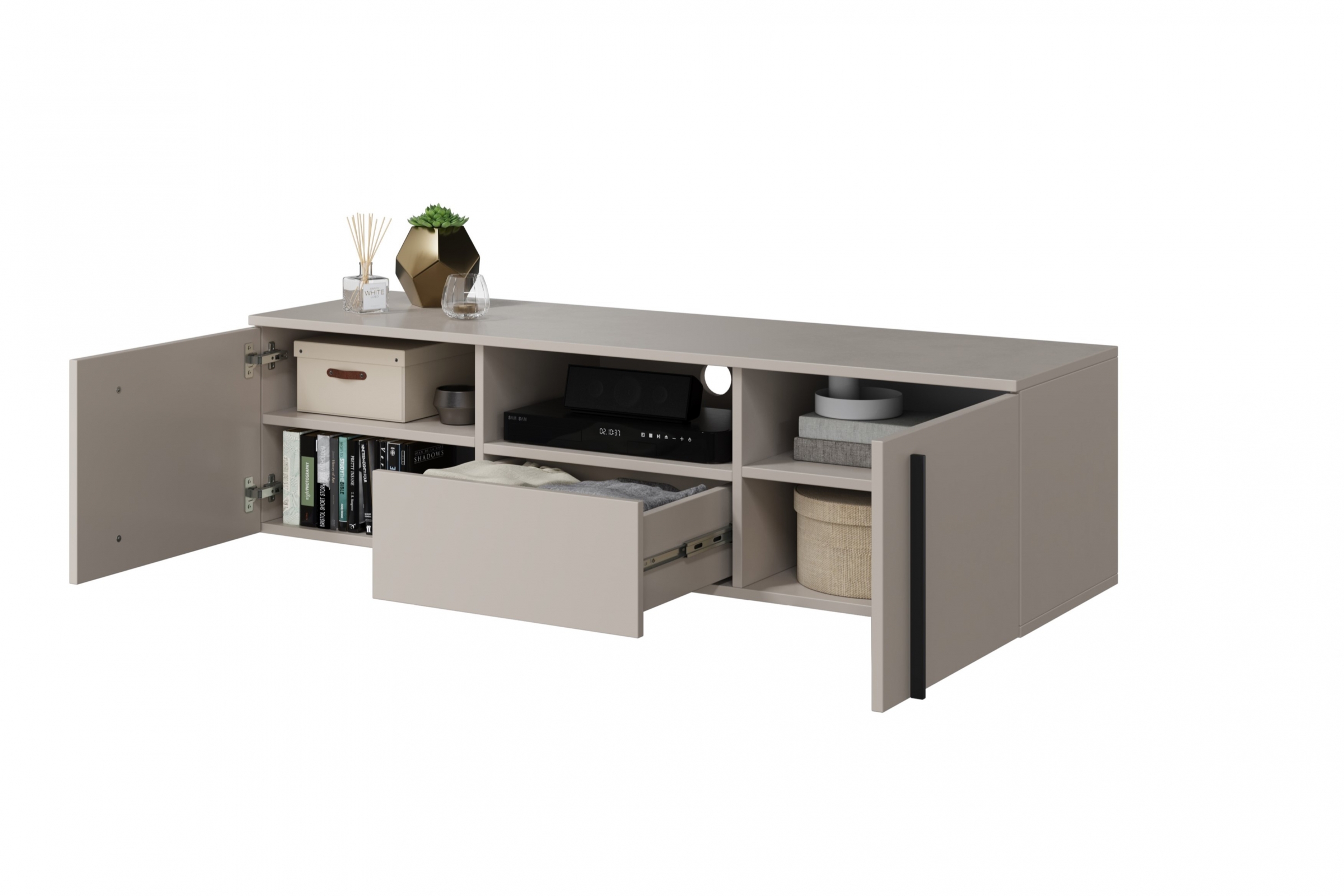 Závesný TV stolík Larena 150 cm s otvorenou policou - kašmírová / čierne úchytky TV skrinka závesná Larena z wneka i szuflada 150 cm - kašmír / čierny úchyty