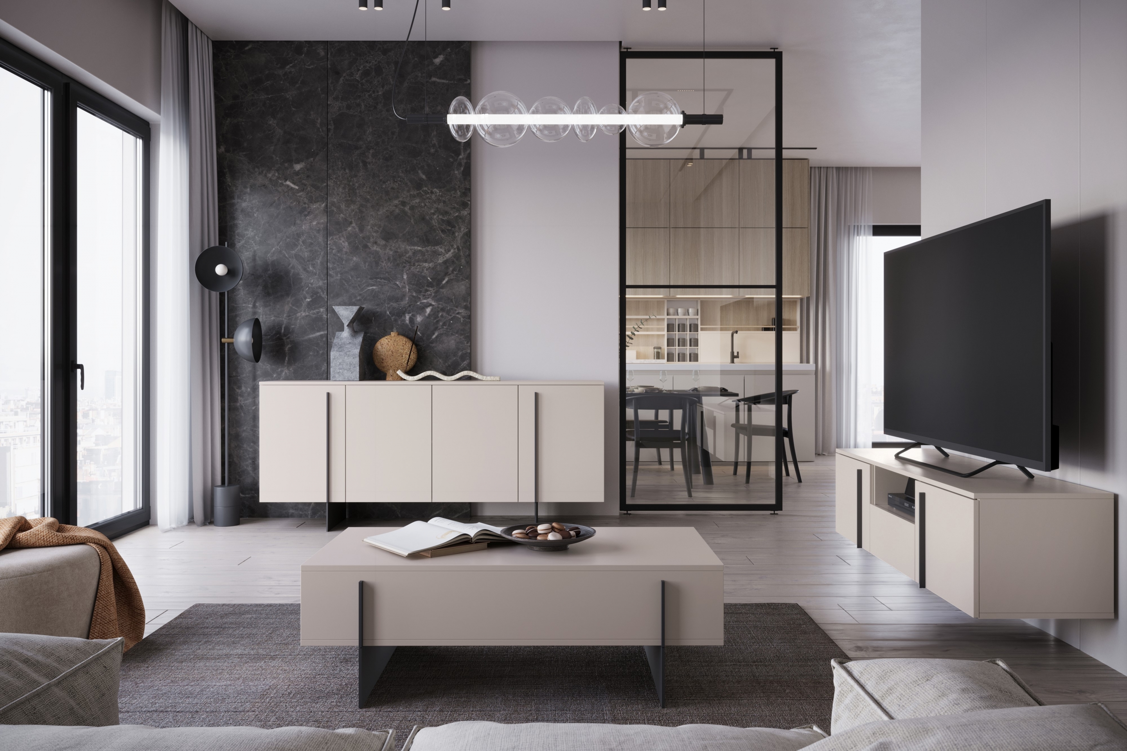 Závesný TV stolík Larena 150 cm s otvorenou policou - kašmírová / čierne úchytky TV skrinka závesná Larena z wneka i szuflada 150 cm - kašmír / čierny úchyty