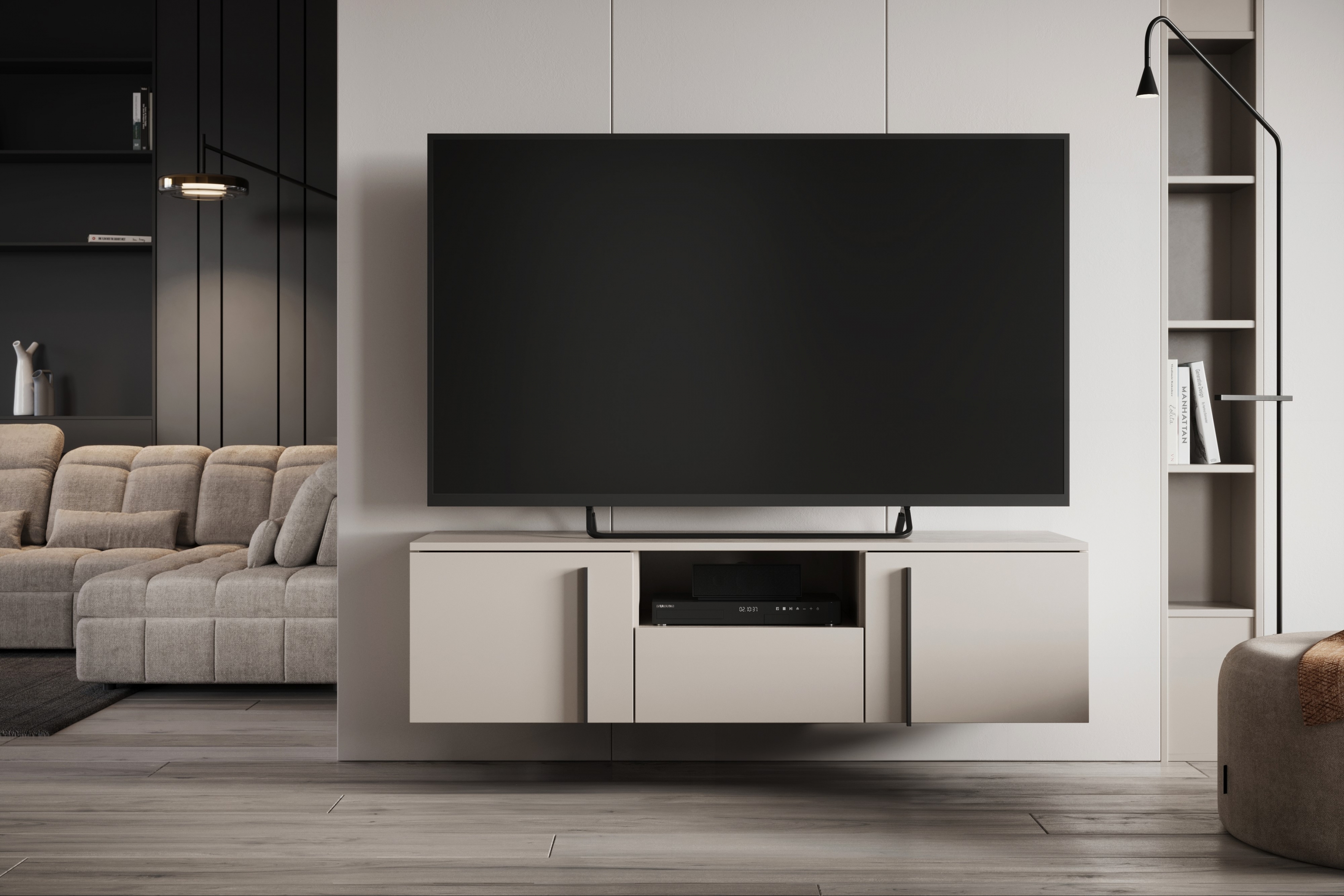 Závesný TV stolík Larena 150 cm s otvorenou policou - kašmírová / čierne úchytky TV skrinka závesná Larena z wneka i szuflada 150 cm - kašmír / čierny úchyty