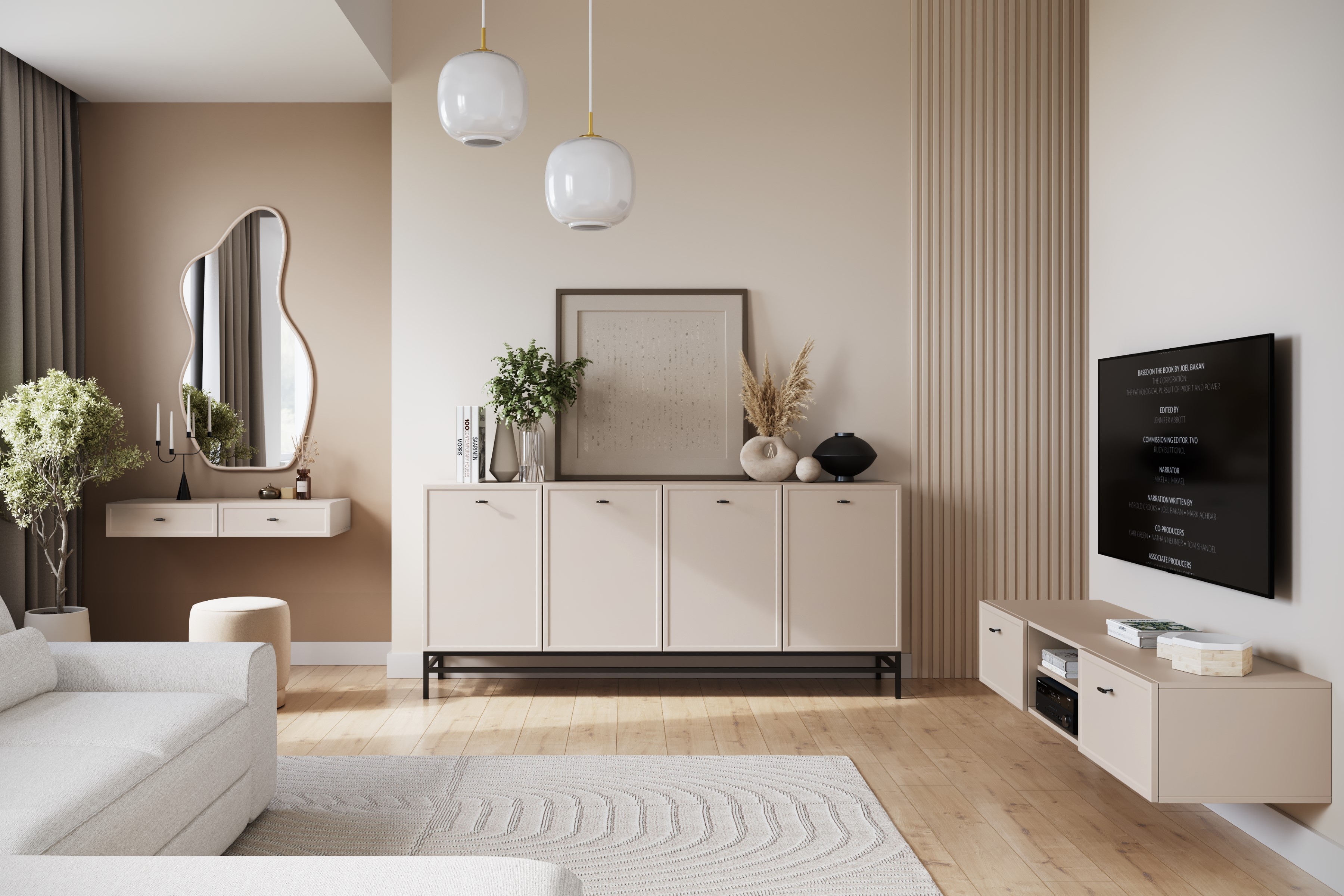 Závesný TV stolík Lorini 150 cm – kašmírová / čierne úchytky T TV skrinka závesná Lorini 150 cm so zásuvkami - kašmír / čierny úchyty T-bar