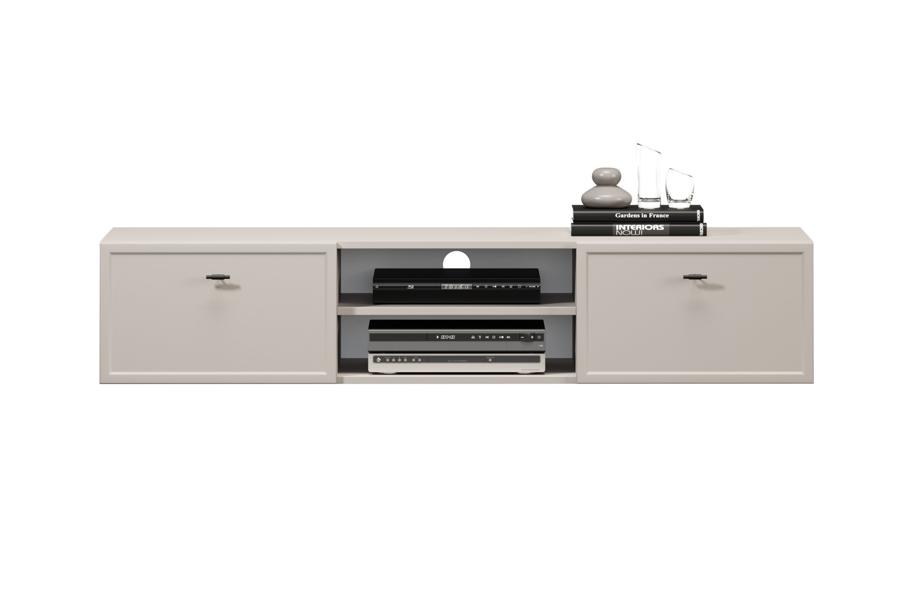 Závesný TV stolík Lorini 150 cm – kašmírová / čierne úchytky T TV skrinka závesná Lorini 150 cm so zásuvkami - kašmír / čierny úchyty T-bar