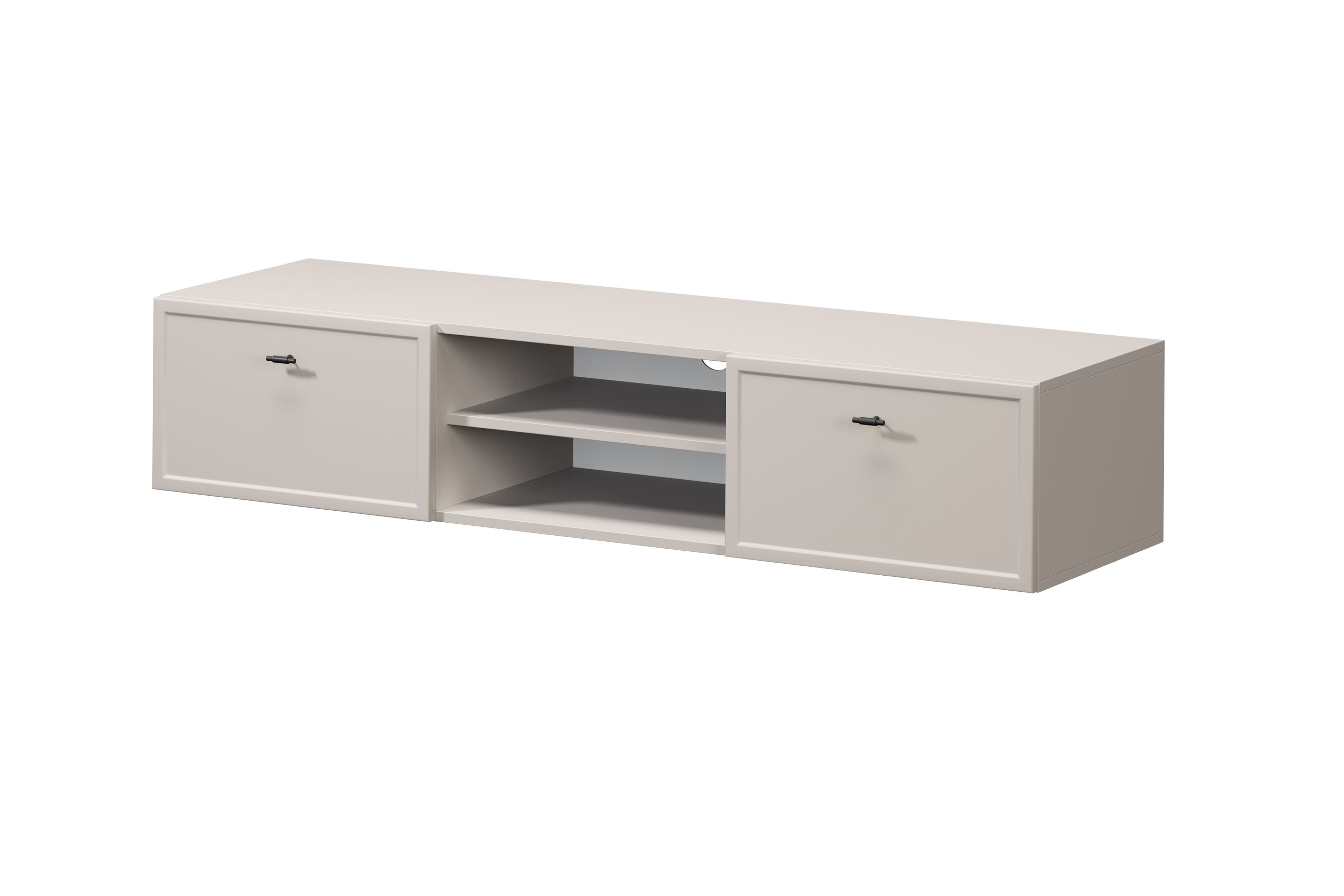 Závesný TV stolík Lorini 150 cm – kašmírová / čierne úchytky T TV skrinka závesná Lorini 150 cm so zásuvkami - kašmír / čierny úchyty T-bar