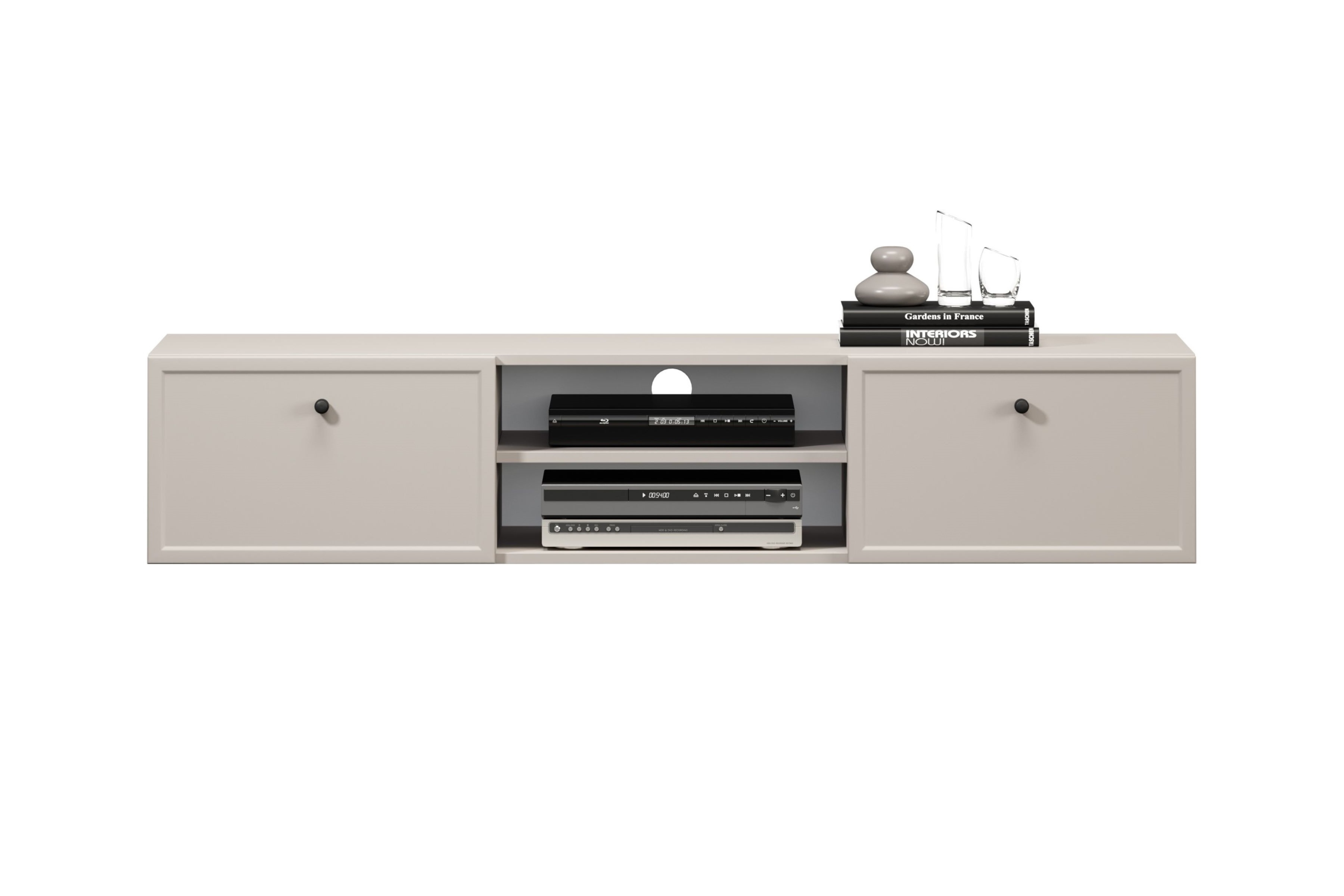 Závesný TV stolík Lorini 150 cm – kašmírová / čierne úchytky G TV skrinka závesná Lorini 150 cm so zásuvkami - kašmír / čierny úchyty