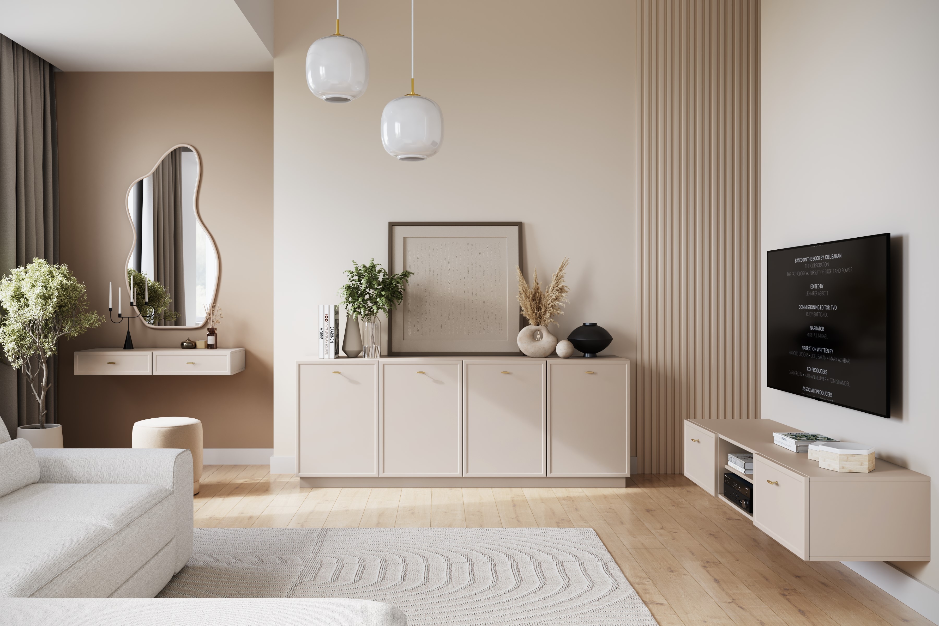 Závesný TV stolík Lorini 150 cm – kašmírová / zlaté úchytky T TV skrinka závesná Lorini 150 cm so zásuvkami - kašmír / zlote úchyty T-bar