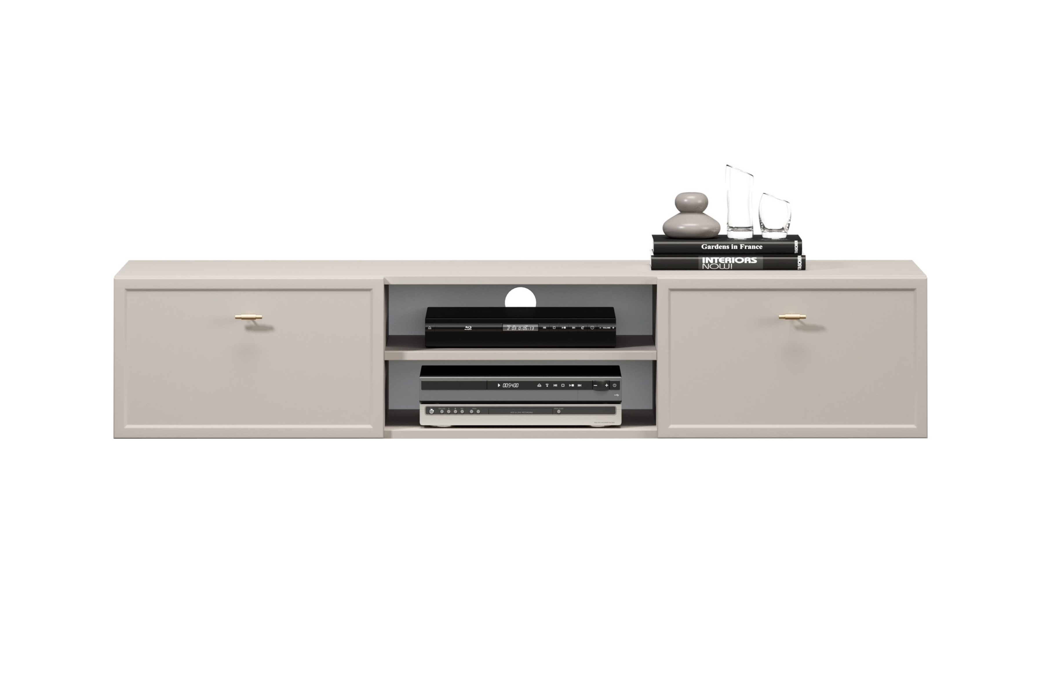 Závesný TV stolík Lorini 150 cm – kašmírová / zlaté úchytky T TV skrinka závesná Lorini 150 cm so zásuvkami - kašmír / zlote úchyty T-bar