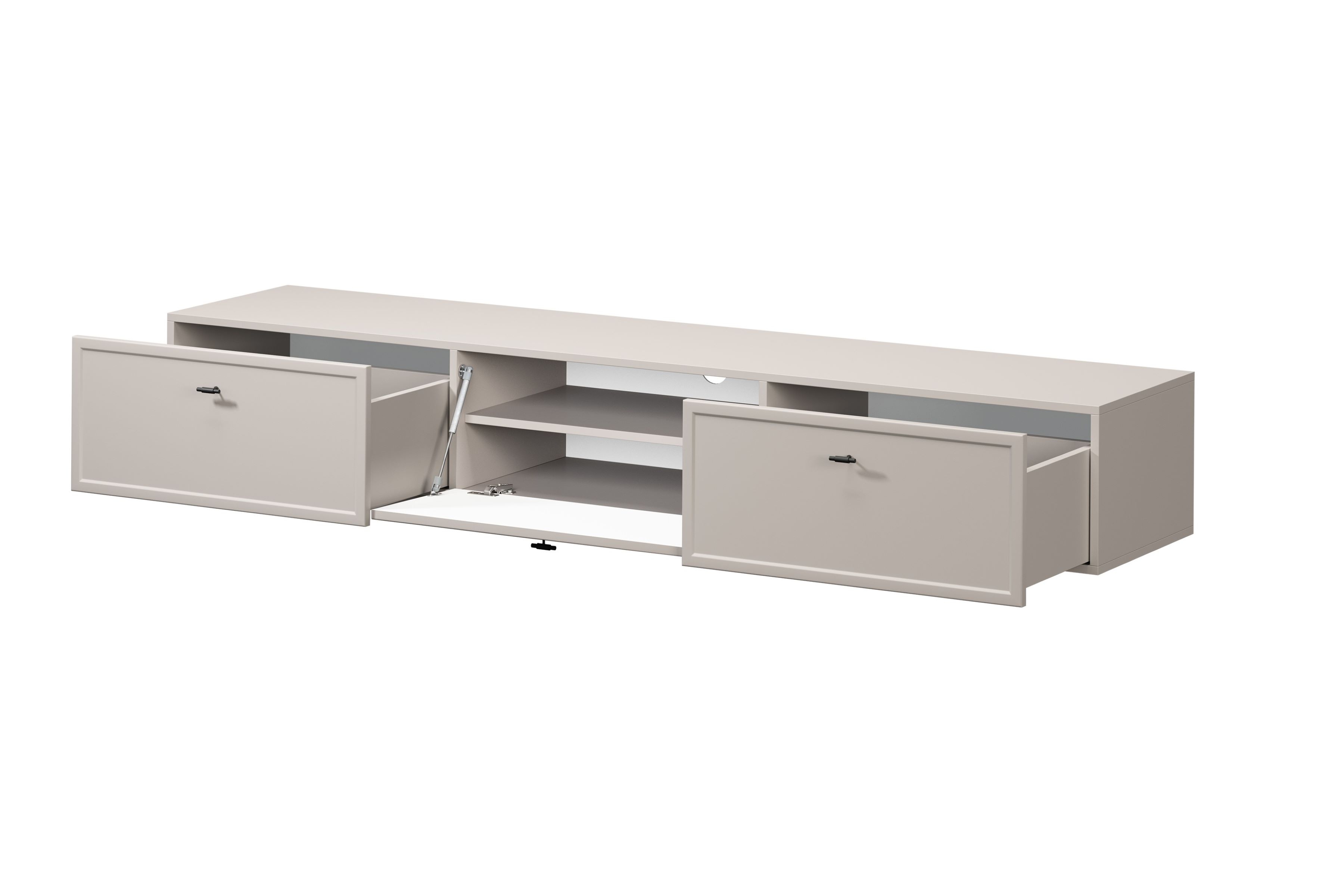 Závesný TV stolík Lorini 200 cm – kašmírová / čierne úchytky T TV skrinka závesná Lorini 200 cm so zásuvkami - kašmír / čierny úchyty T-bar