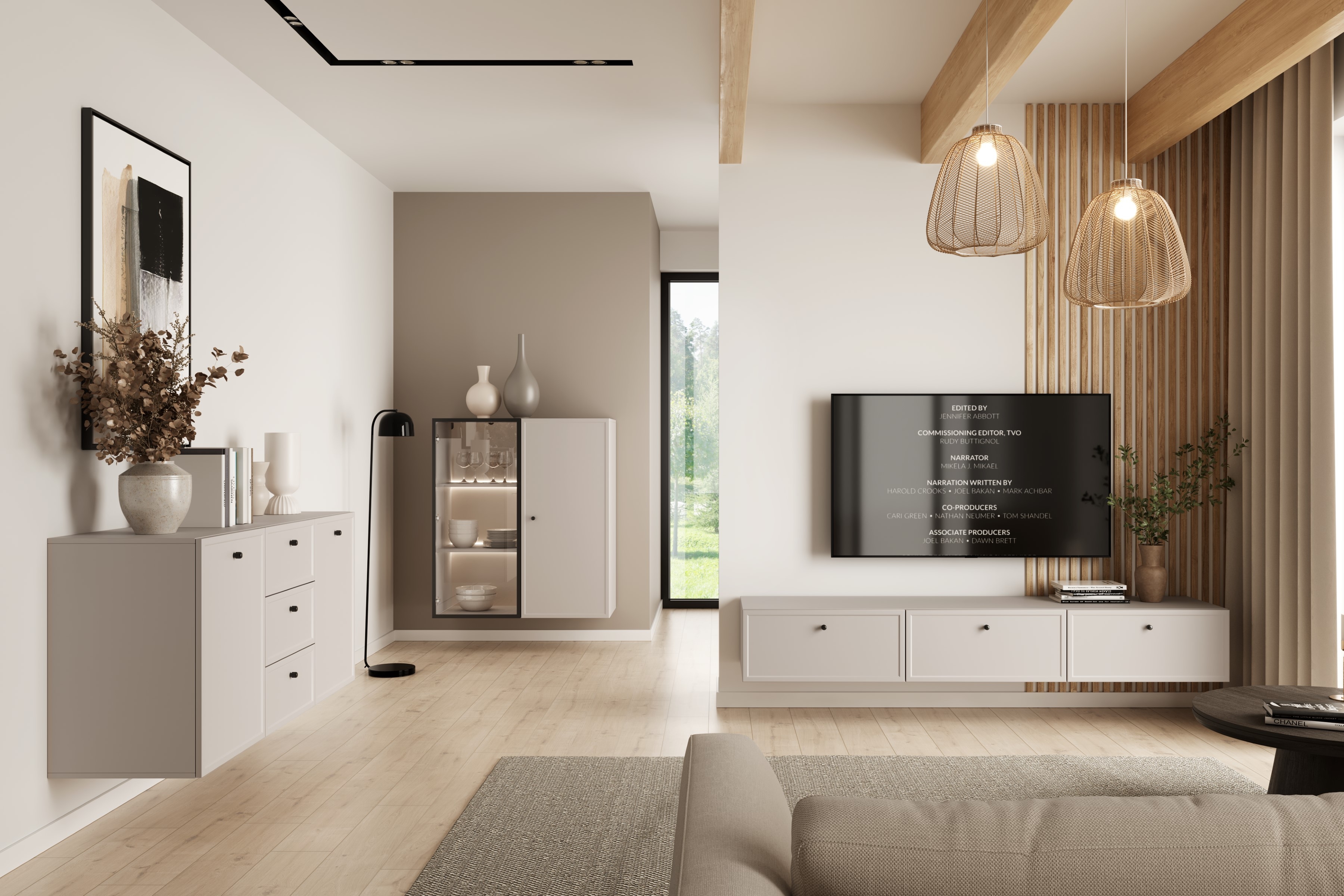 Závesný TV stolík Lorini 200 cm – kašmírová / čierne úchytky G TV skrinka závesná Lorini 200 cm so zásuvkami - kašmír / čierny úchyty