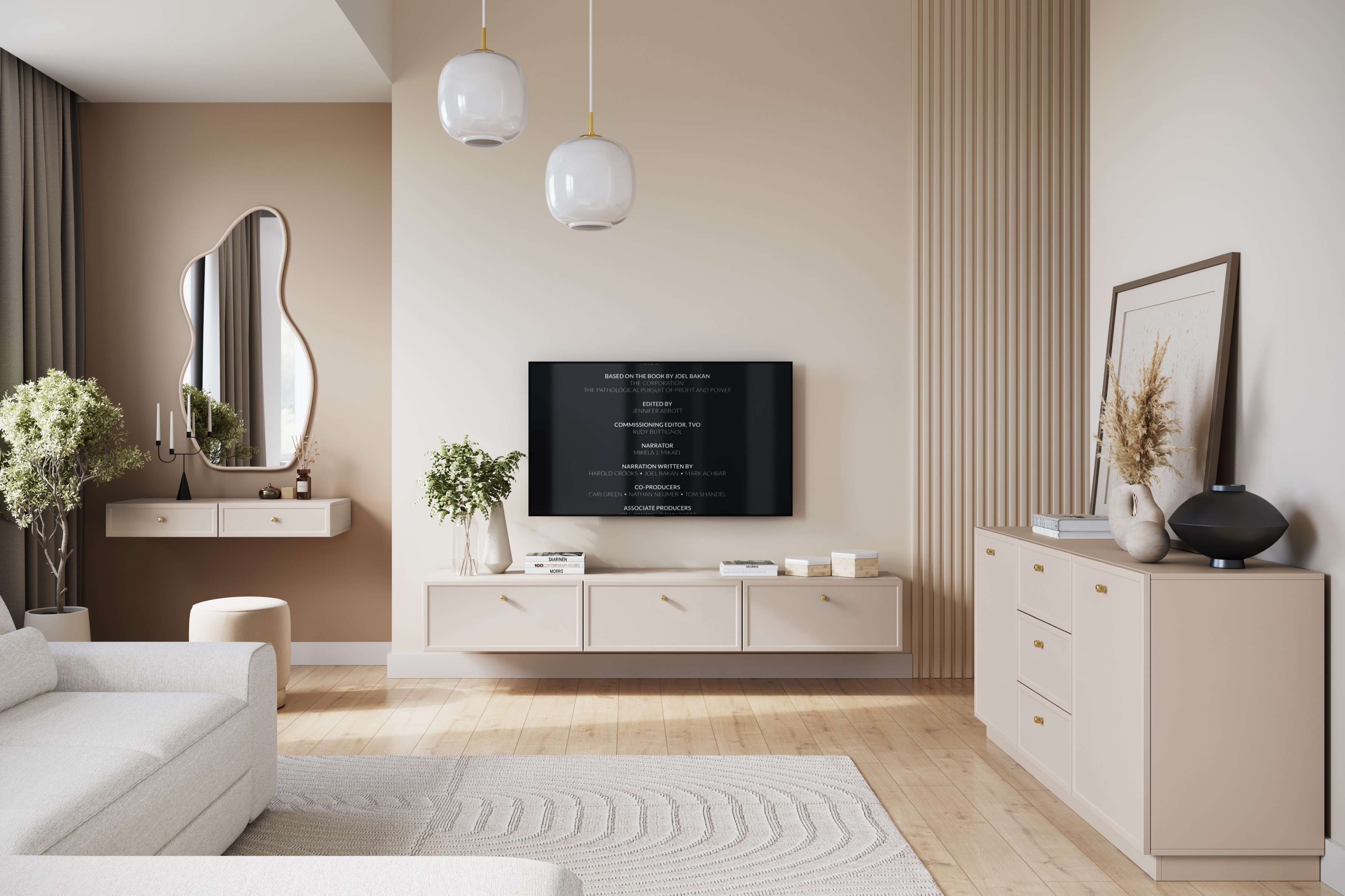 Závesný TV stolík Lorini 200 cm – kašmírová / zlaté úchytky G TV skrinka závesná Lorini 200 cm so zásuvkami - kašmír / zlote úchyty