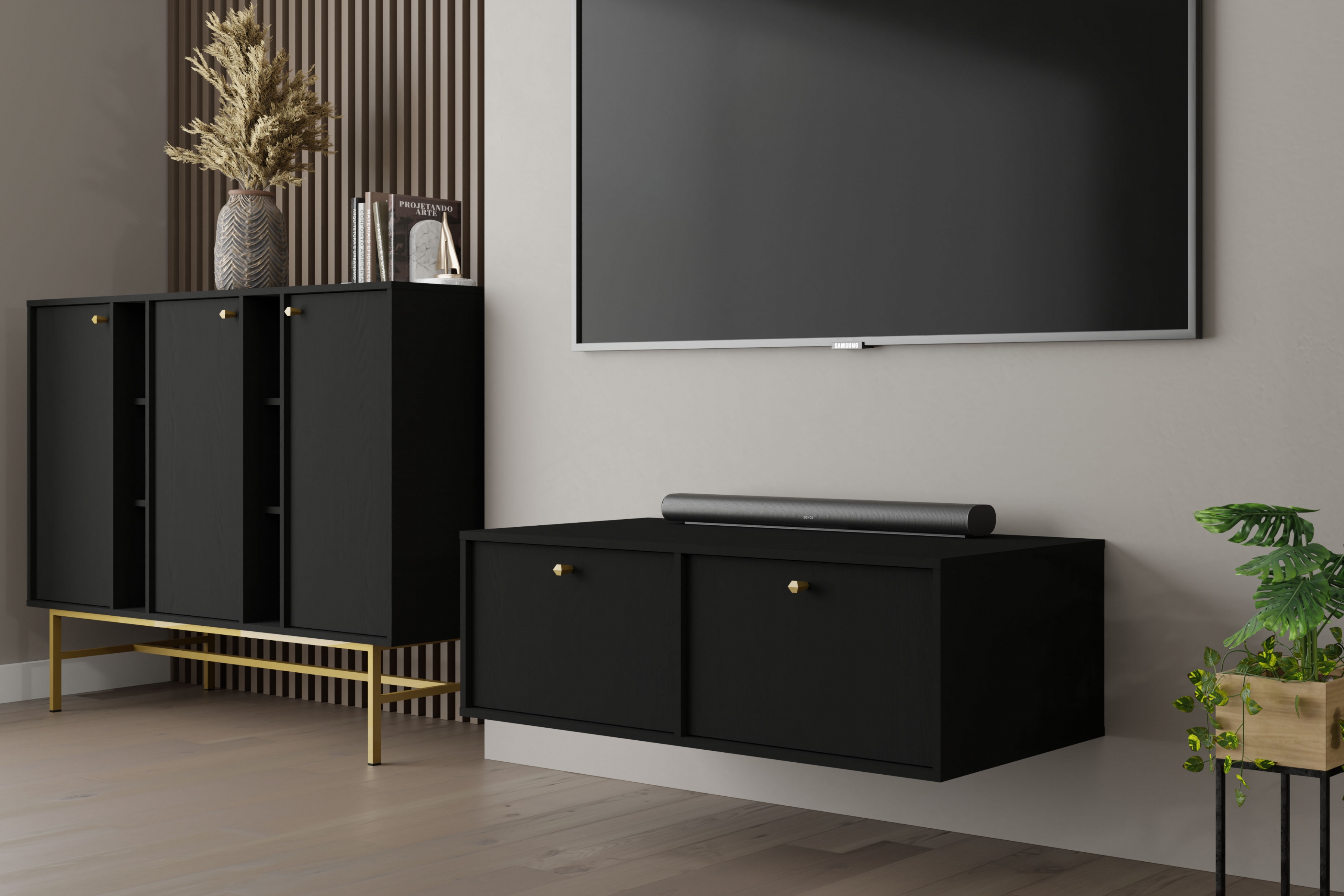 Závěsný TV stolek Lotina IV 120 cm 2K - grafitově černý Skříňka RTV závěsná Lotina IV 2K - 120 cm - černá grafit