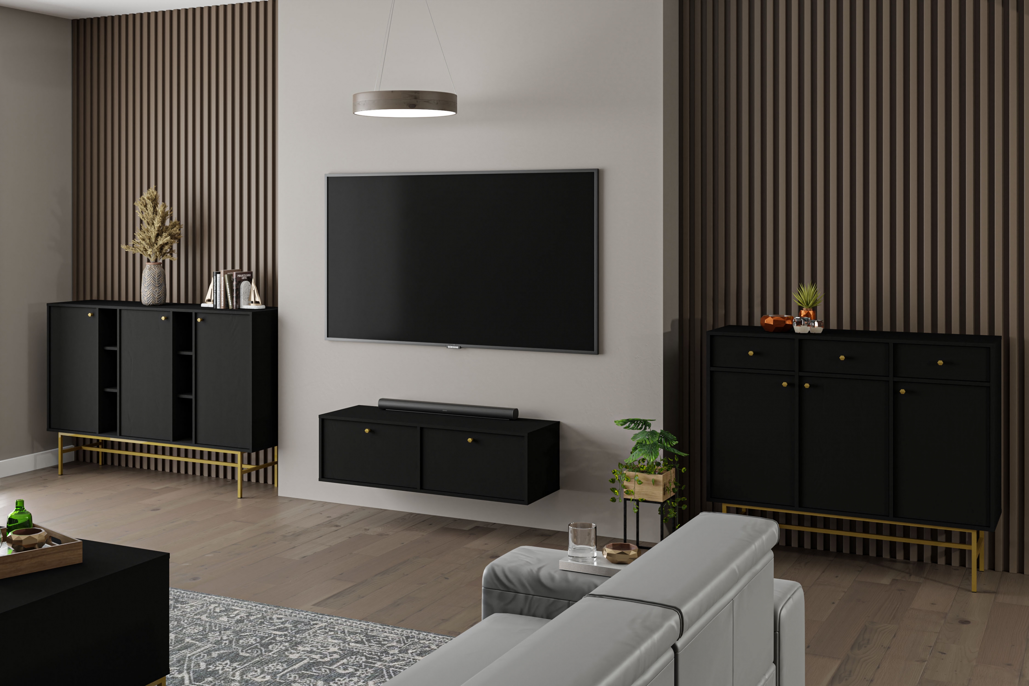 Závěsný TV stolek Lotina IV 120 cm 2K - grafitově černý Skříňka RTV závěsná Lotina IV 2K - 120 cm - černá grafit