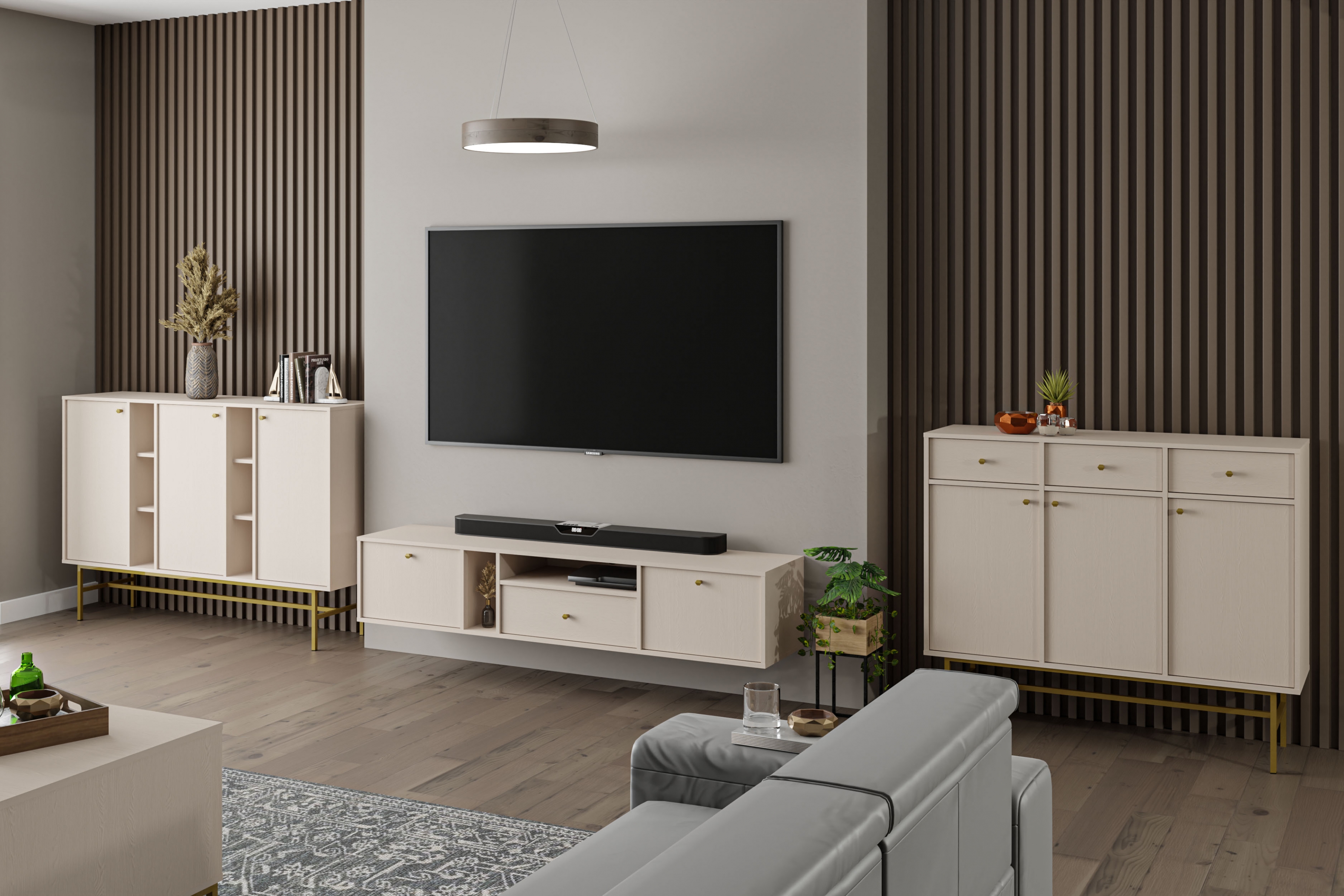 Závěsný TV stolek Lotina IV 180 cm 2K1S se zásuvkou - pískově béžový Skříňka RTV závěsná Lotina IV 2K1S z szuflada 180 cm - béžová Pískový