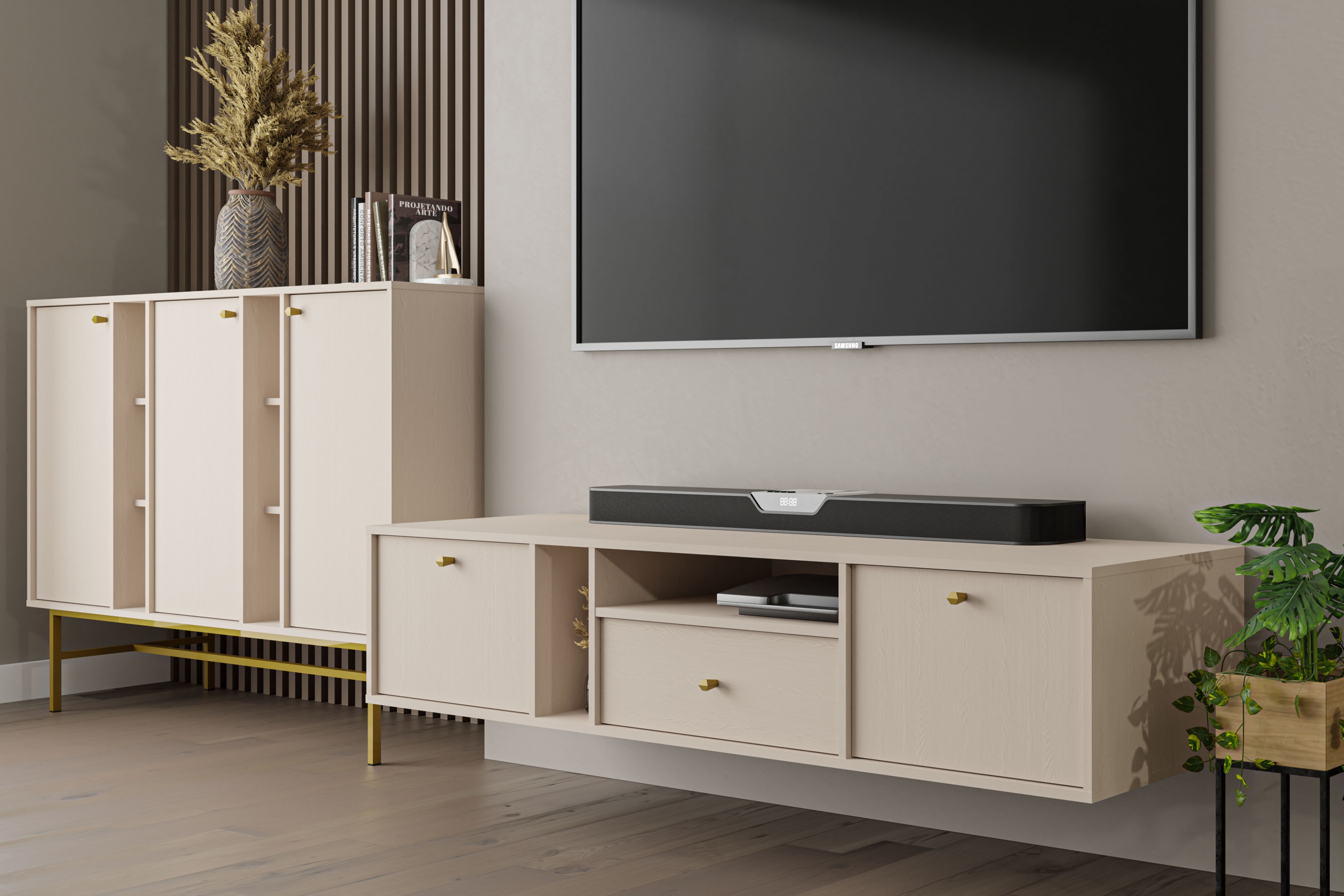 Závěsný TV stolek Lotina IV 180 cm 2K1S se zásuvkou - pískově béžový Skříňka RTV závěsná Lotina IV 2K1S z szuflada 180 cm - béžová Pískový