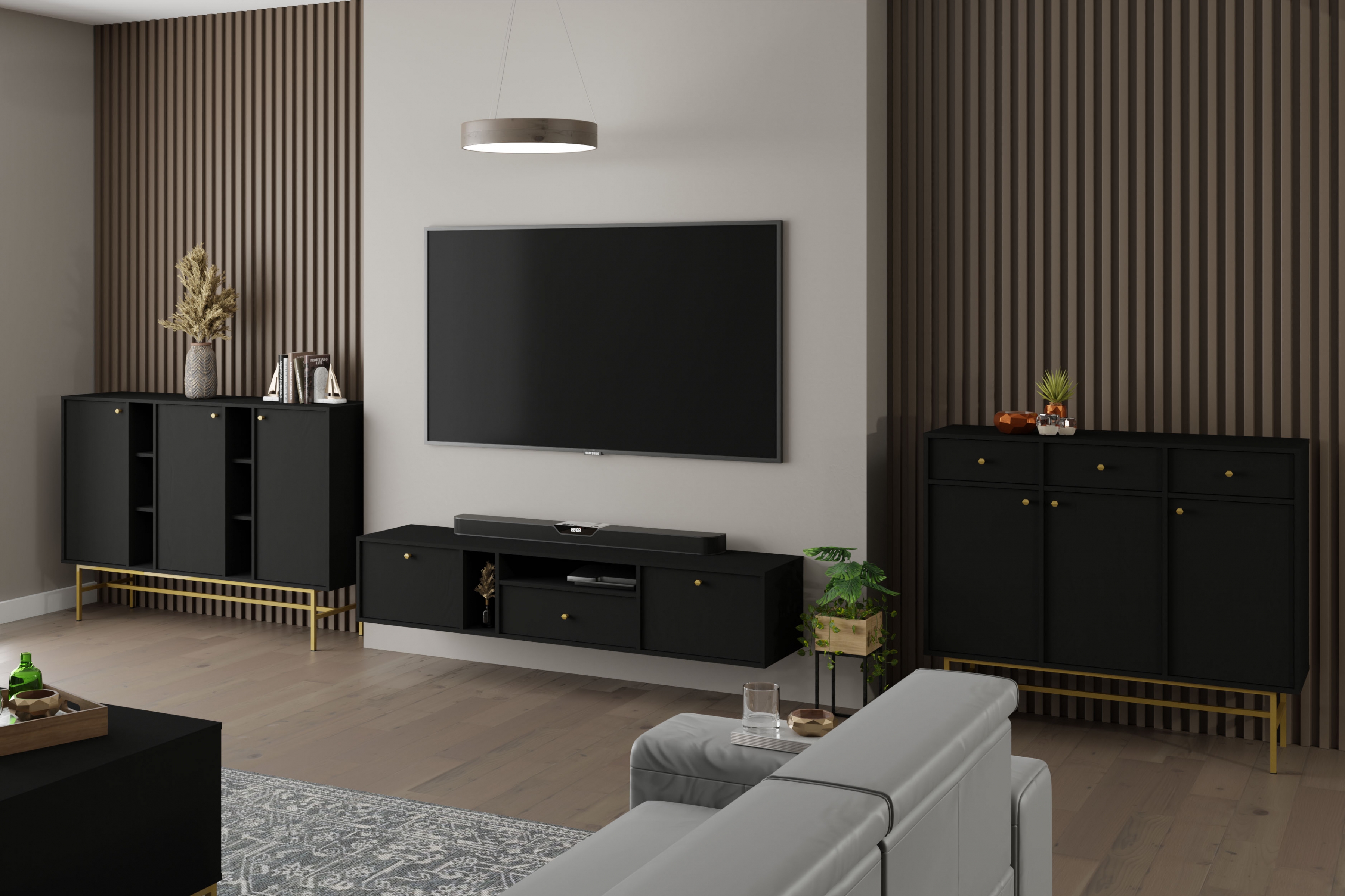 Závěsný TV stolek Lotina IV 180 cm 2K1S se zásuvkou - grafitově černý Skříňka RTV závěsná Lotina IV 2K1S z szuflada 180 cm - černá grafit