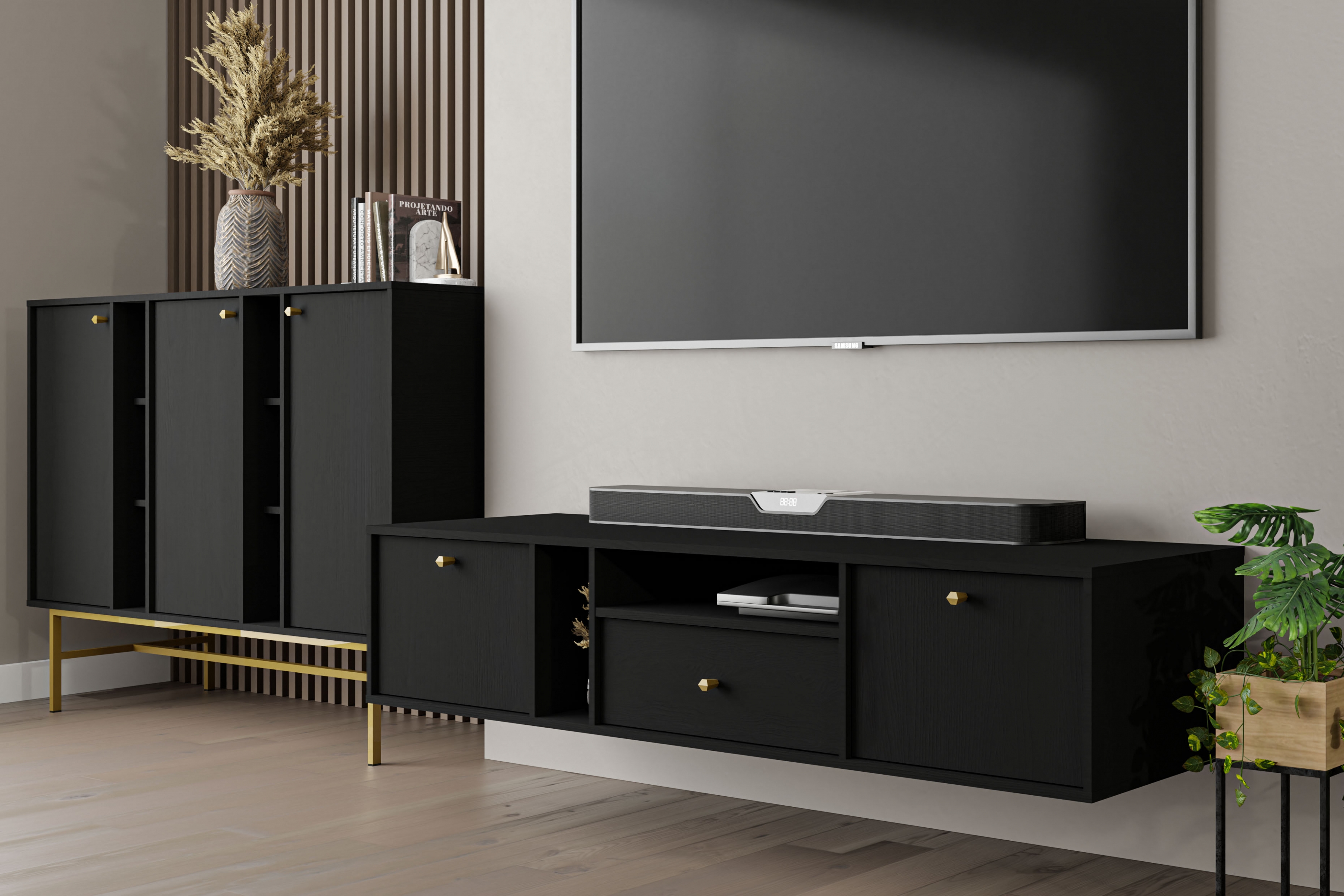 Závěsný TV stolek Lotina IV 180 cm 2K1S se zásuvkou - grafitově černý Skříňka RTV závěsná Lotina IV 2K1S z szuflada 180 cm - černá grafit