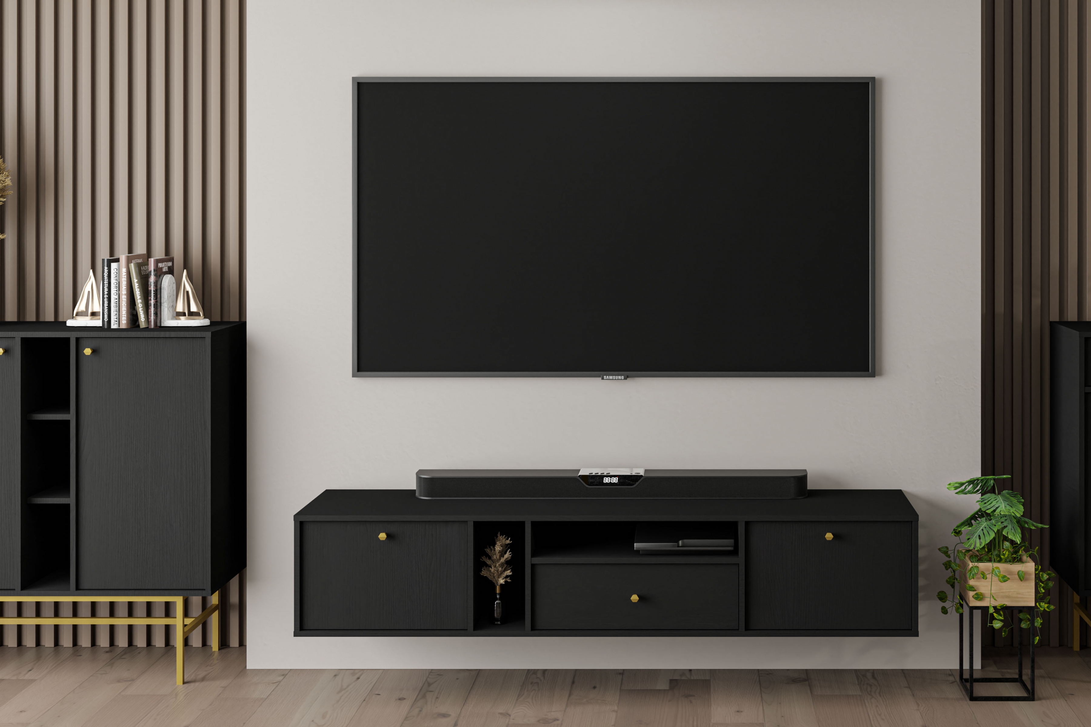 Závěsný TV stolek Lotina IV 180 cm 2K1S se zásuvkou - grafitově černý Skříňka RTV závěsná Lotina IV 2K1S z szuflada 180 cm - černá grafit