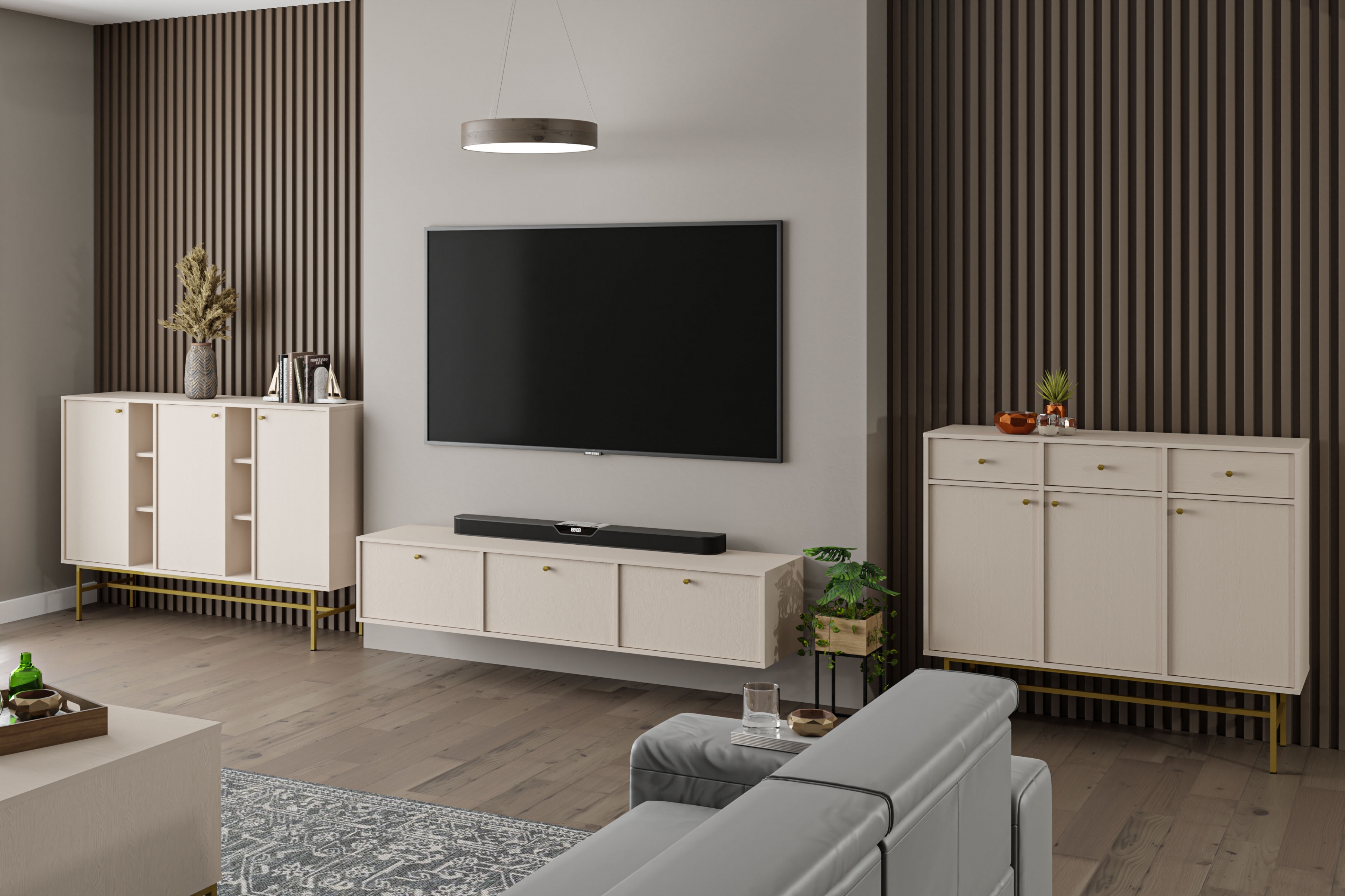 Závěsný TV stolek Lotina IV 180 cm 3K - pískově béžový Skříňka RTV závěsná Lotina IV 3K - 180 cm - béžová Pískový