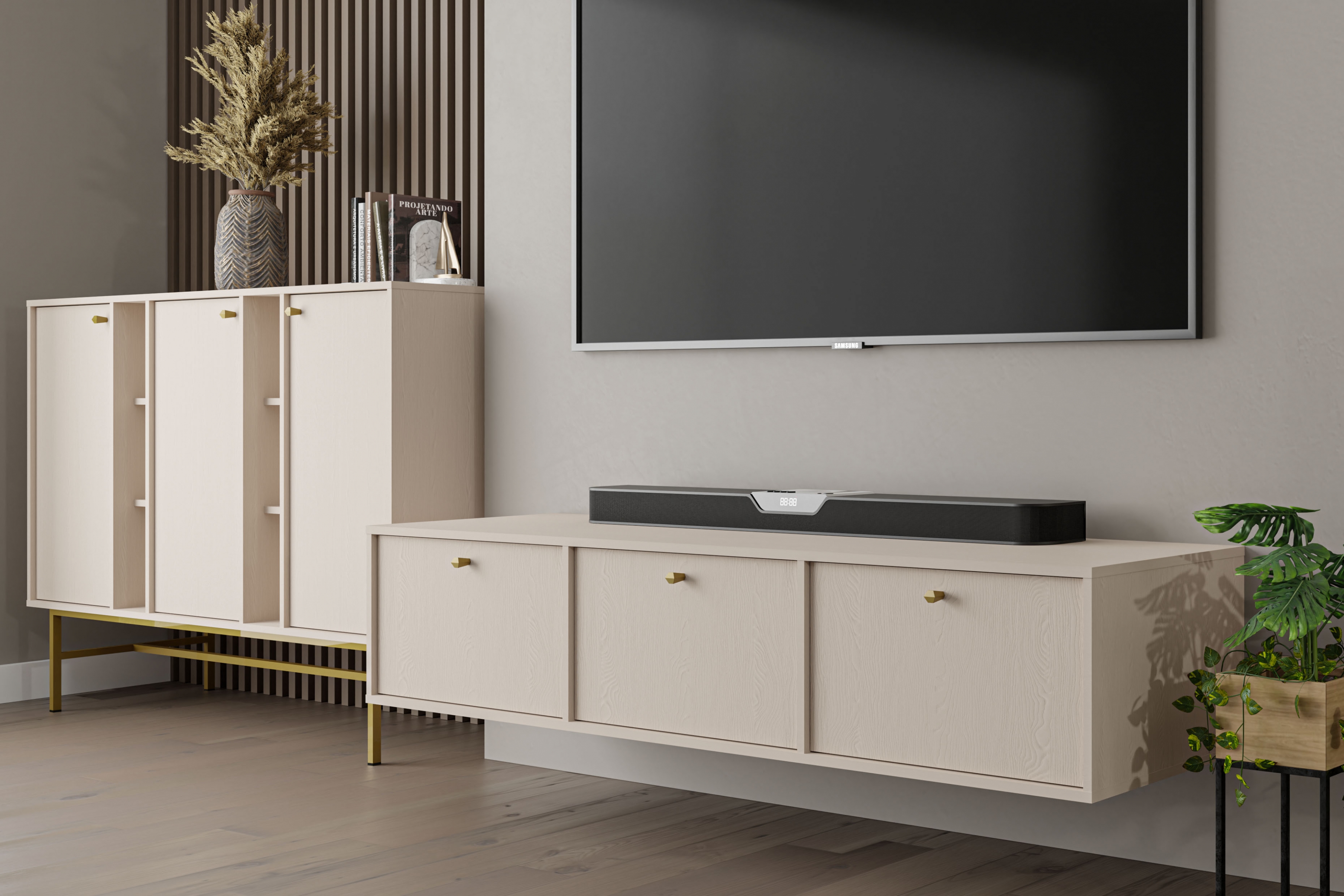 Závěsný TV stolek Lotina IV 180 cm 3K - pískově béžový Skříňka RTV závěsná Lotina IV 3K - 180 cm - béžová Pískový