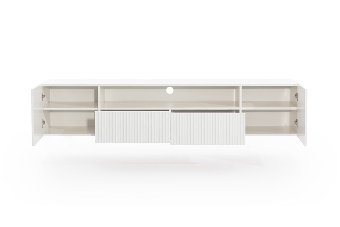 Závěsný TV stolek Nicole 200 cm s výklenkem a zásuvkami - bílý mat skříňka RTV závěsná Nicole 200 cm z wneka i zásuvkami - bílá / bílá mat