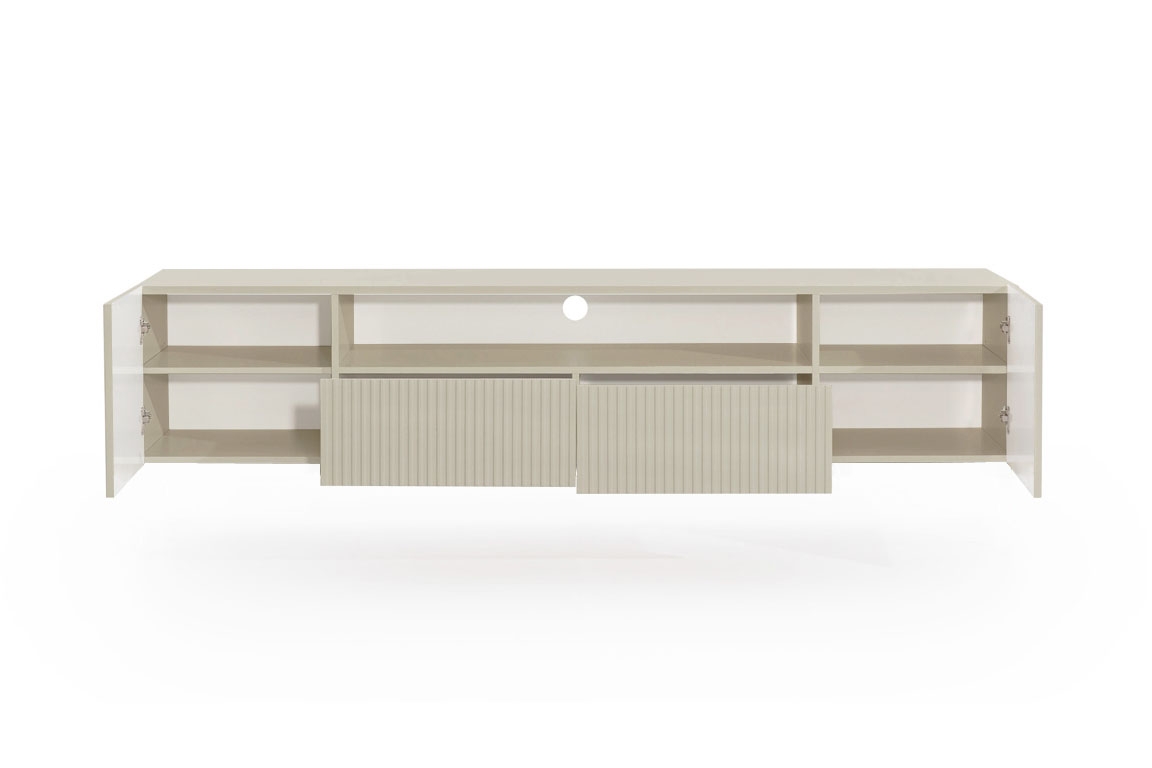 Závěsný TV stolek Nicole 200 cm s otevřenou přihrádkou a zásuvkami - kašmír mat skříňka RTV závěsná Nicole 200 cm z wneka i zásuvkami - kašmír / kašmír mat