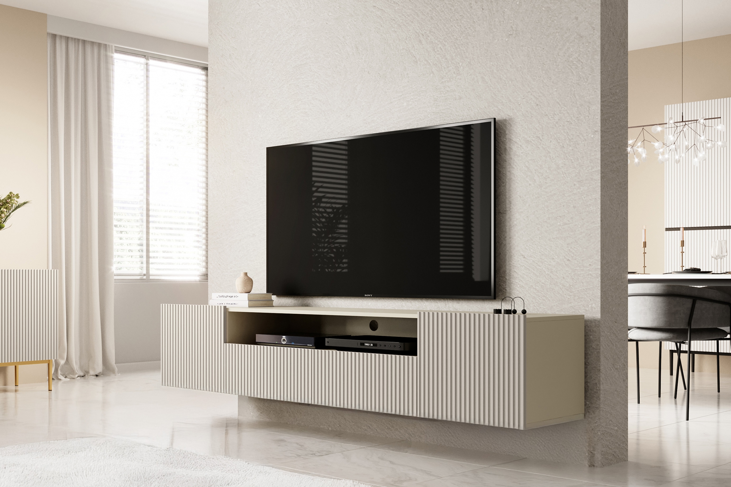 Závěsný TV stolek Nicole 200 cm s otevřenou přihrádkou a zásuvkami - kašmír mat skříňka RTV závěsná Nicole 200 cm z wneka i zásuvkami - kašmír / kašmír mat