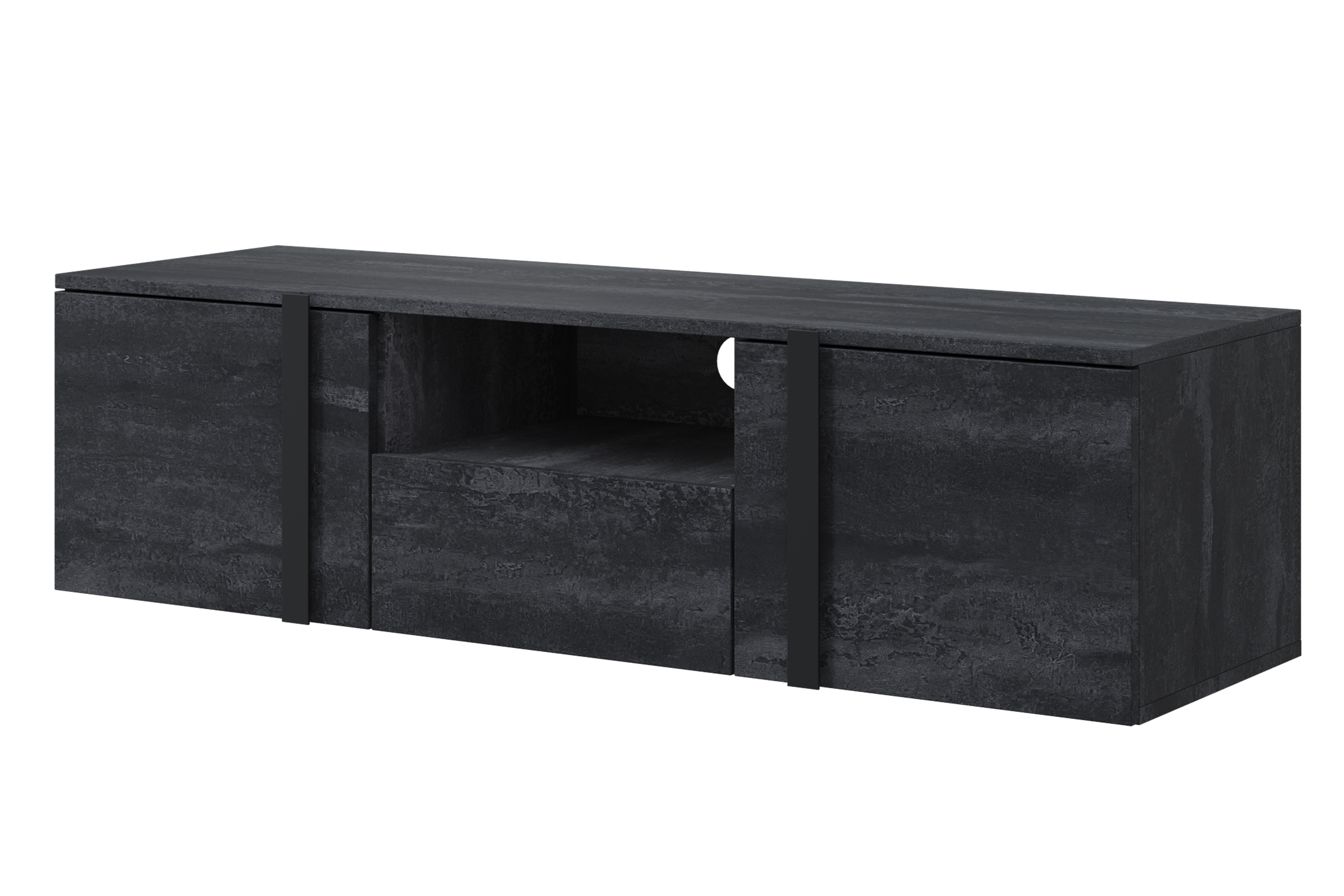 Závesný TV stolík Verica 150 cm s otvorenými priehradkami a zásuvkou - čierny betón / čierne úchyty - Limitovaná ponuka TV skrinka závesná Verica 150 cm z wneka i szuflada - Čierny beton / čierny úchyty