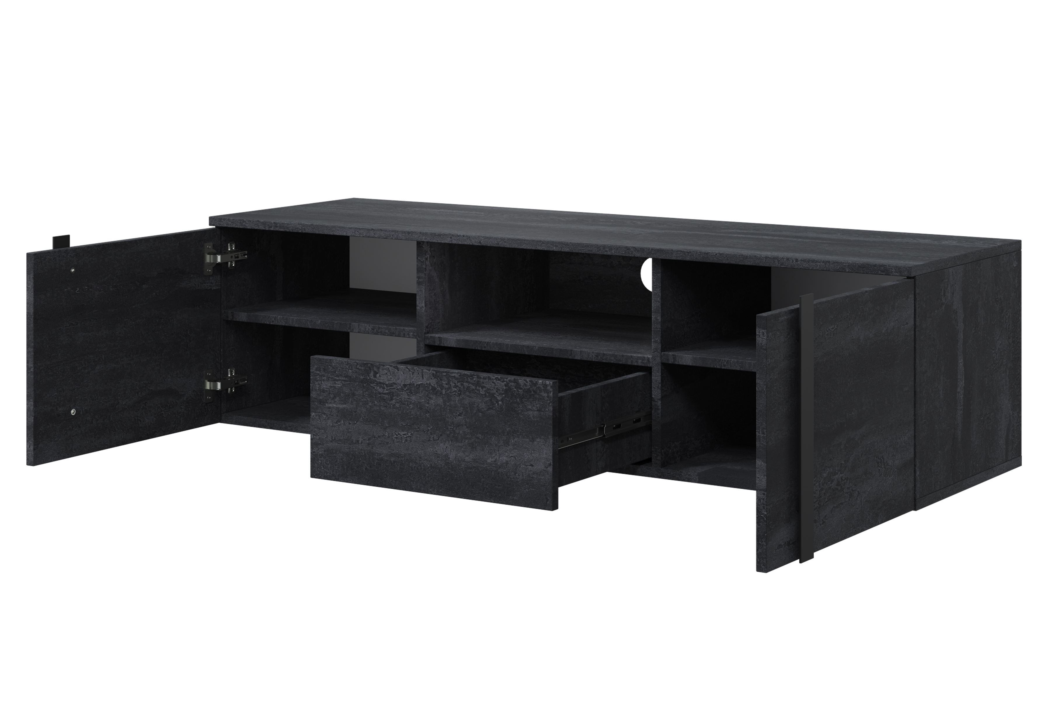 Závesný TV stolík Verica 150 cm s otvorenými priehradkami a zásuvkou - čierny betón / čierne úchyty - Limitovaná ponuka TV skrinka závesná Verica 150 cm z wneka i szuflada - Čierny beton / čierny úchyty