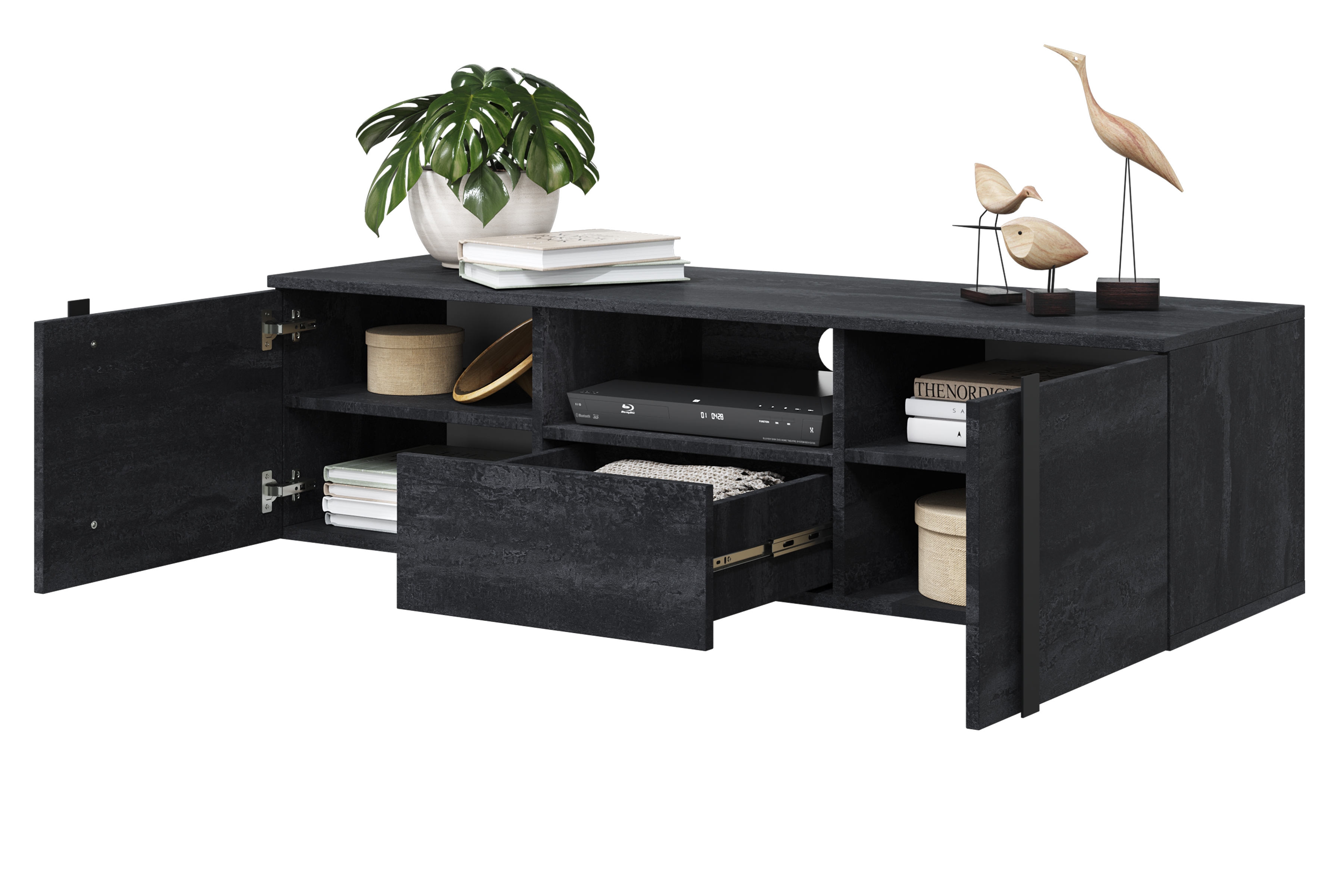 Závesný TV stolík Verica 150 cm s otvorenými priehradkami a zásuvkou - čierny betón / čierne úchyty - Limitovaná ponuka TV skrinka závesná Verica 150 cm z wneka i szuflada - Čierny beton / čierny úchyty