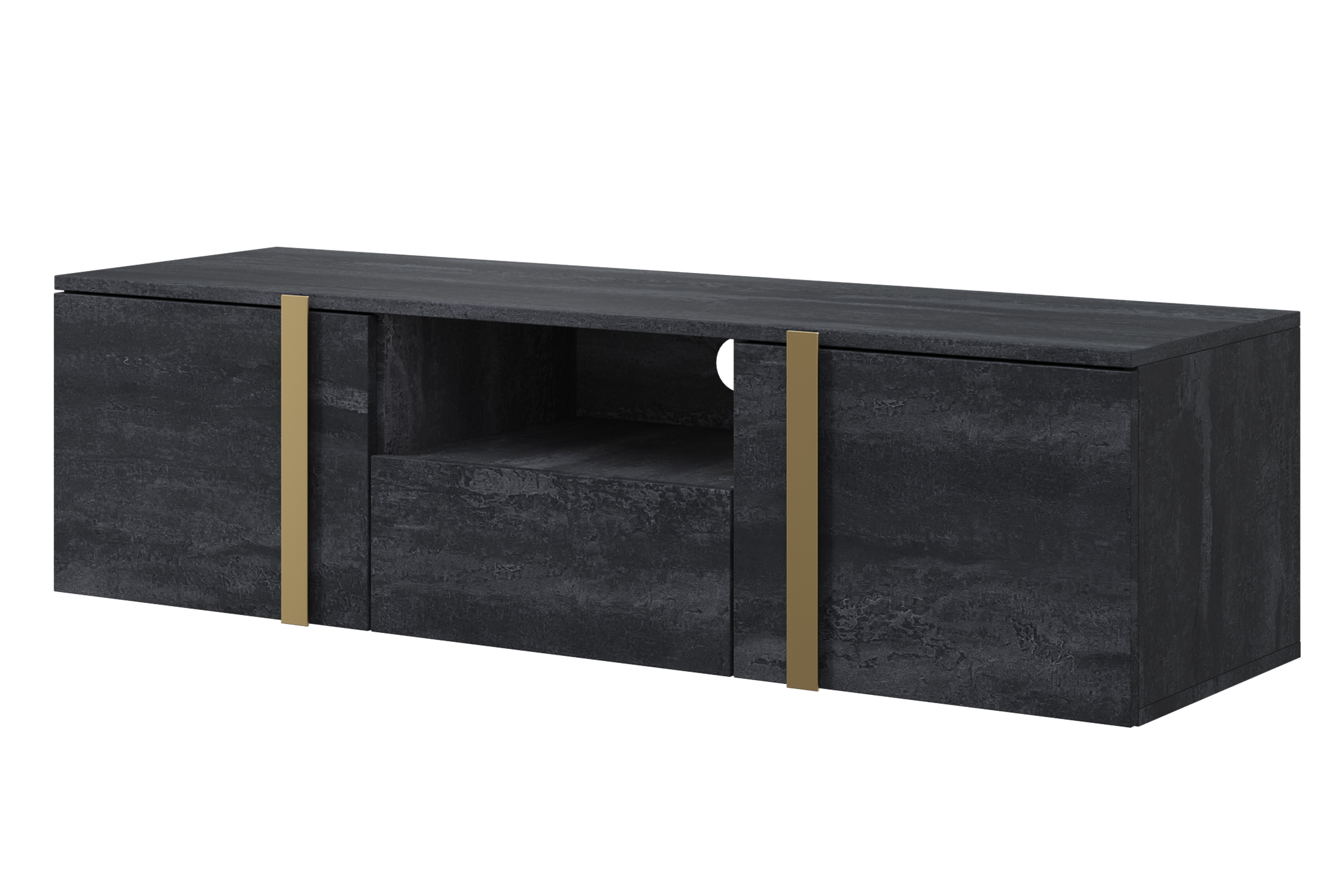 Závesný TV stolík Verica 150 cm s otvorenými priehradkami a zásuvkou - čierny betón / zlaté úchyty - Limitovaná ponuka TV skrinka závesná Verica 150 cm z wneka i szuflada - Čierny beton / zlote úchyty