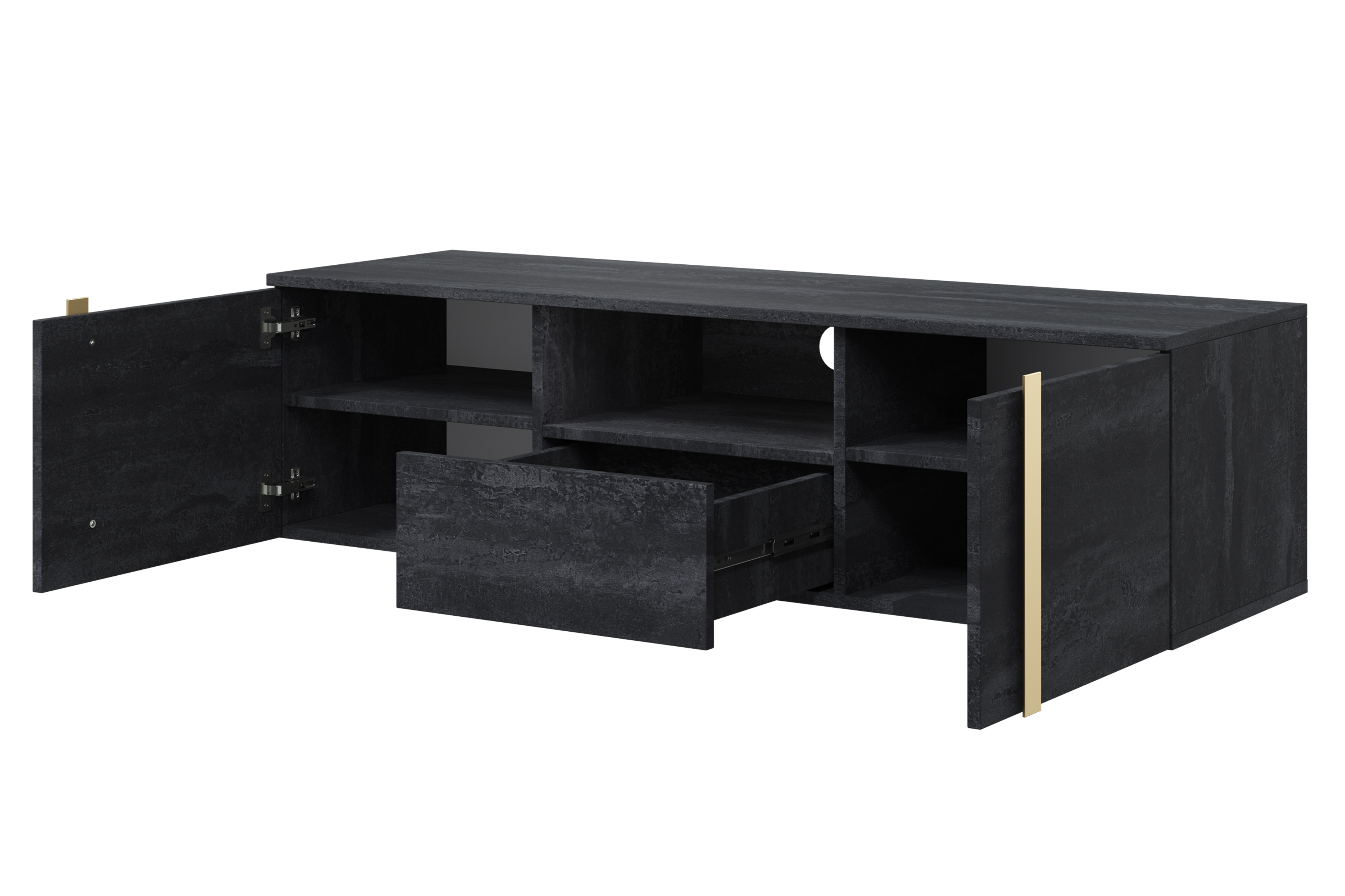 Závesný TV stolík Verica 150 cm s otvorenými priehradkami a zásuvkou - čierny betón / zlaté úchyty - Limitovaná ponuka TV skrinka závesná Verica 150 cm z wneka i szuflada - Čierny beton / zlote úchyty