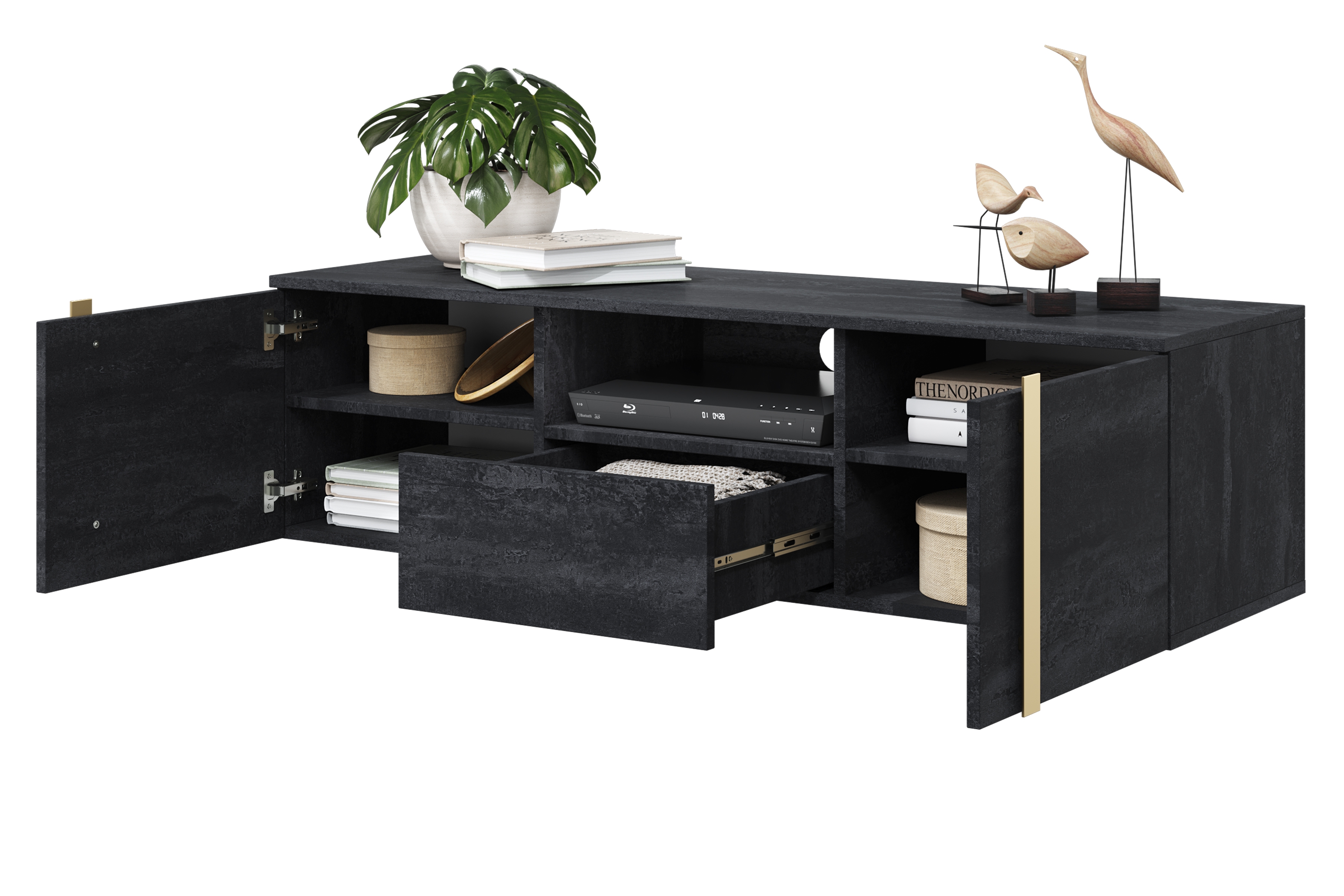 Závesný TV stolík Verica 150 cm s otvorenými priehradkami a zásuvkou - čierny betón / zlaté úchyty - Limitovaná ponuka TV skrinka závesná Verica 150 cm z wneka i szuflada - Čierny beton / zlote úchyty