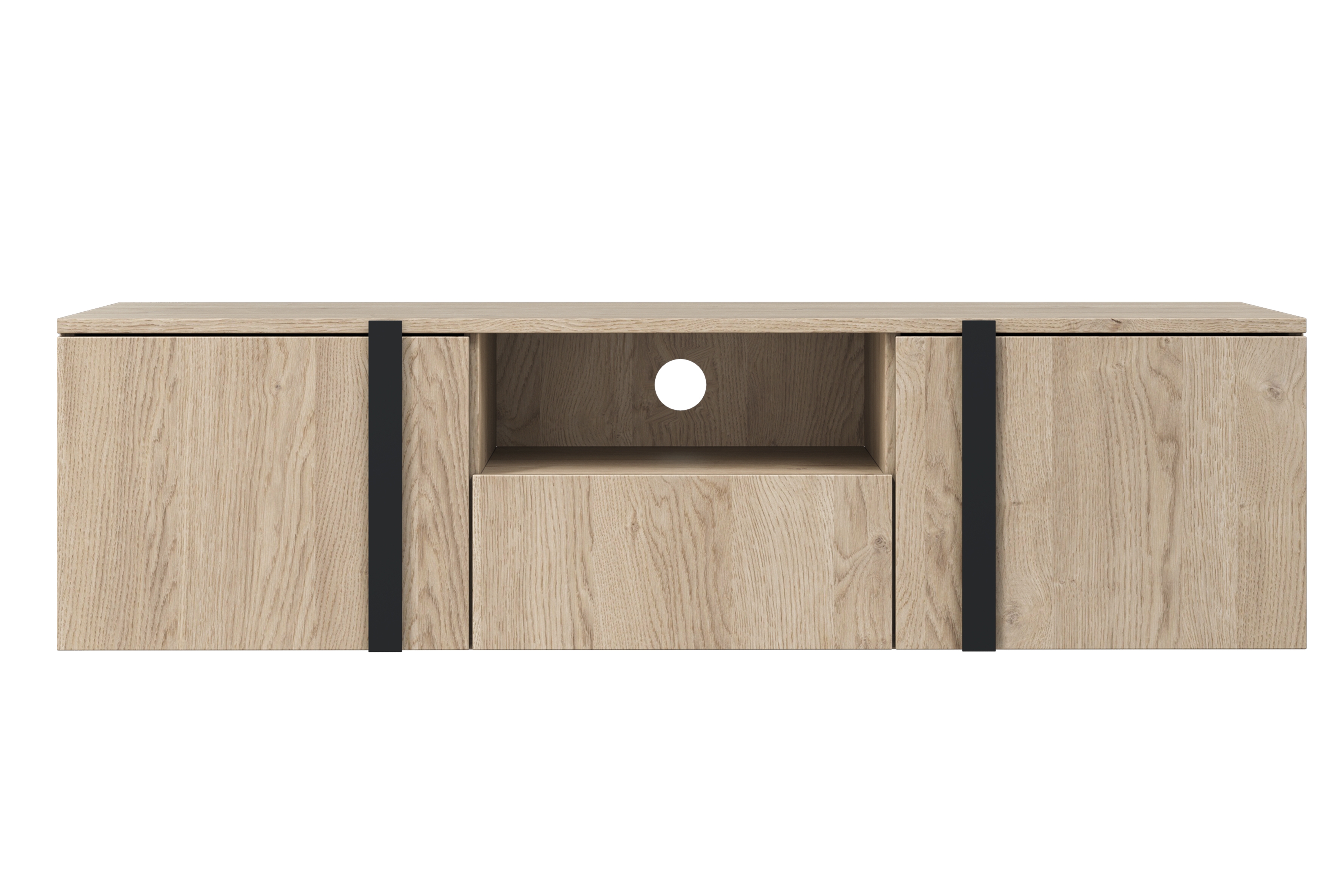 Závesný TV stolík Verica 150 cm s otvorenými priehradkami a zásuvkou - dub biszkoptový / čierne úchyty TV skrinka závesná Verica 150 cm z wneka i szuflada - Dub biszkoptowy / čierny úchyty