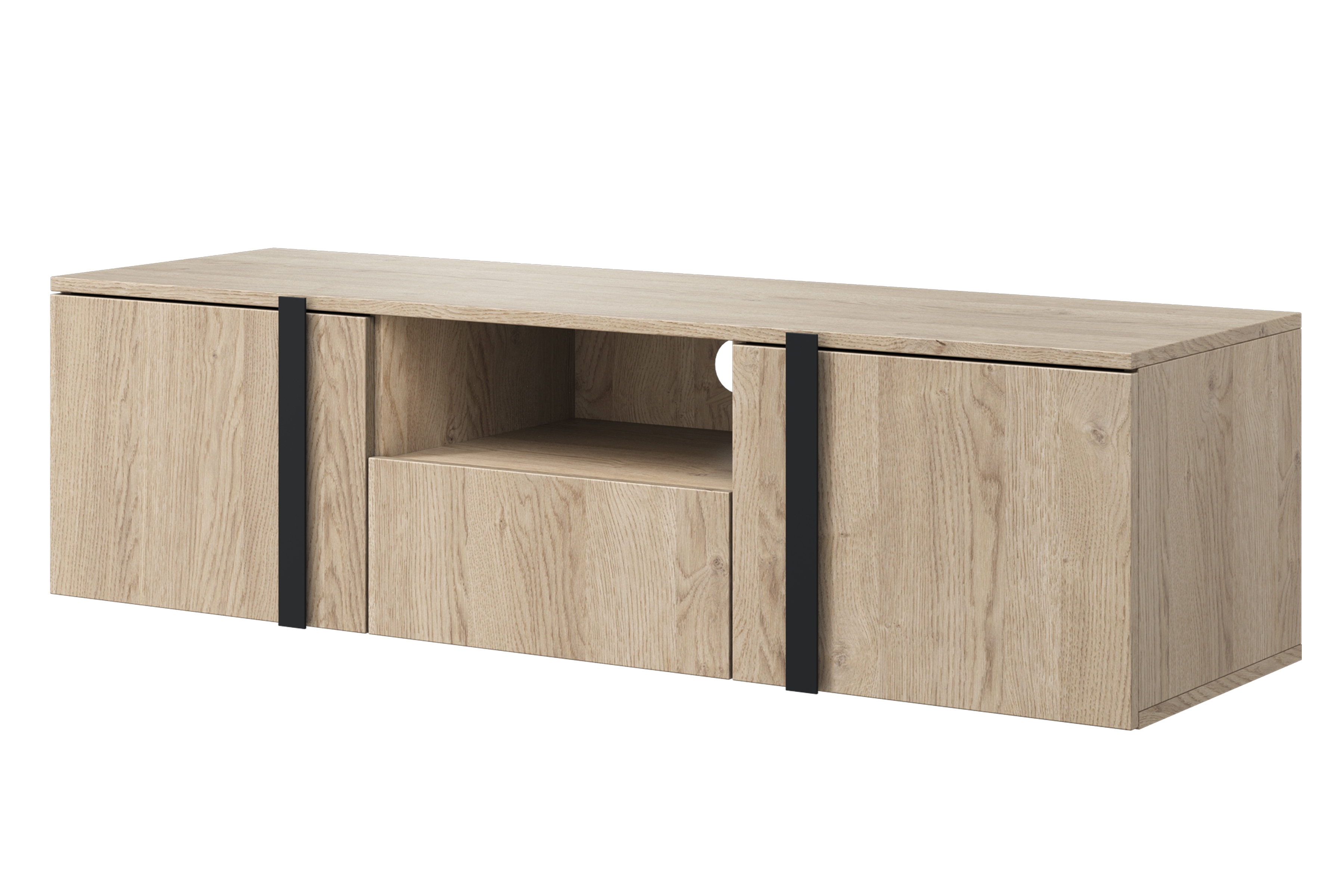 Závesný TV stolík Verica 150 cm s otvorenými priehradkami a zásuvkou - dub biszkoptový / čierne úchyty TV skrinka závesná Verica 150 cm z wneka i szuflada - Dub biszkoptowy / čierny úchyty
